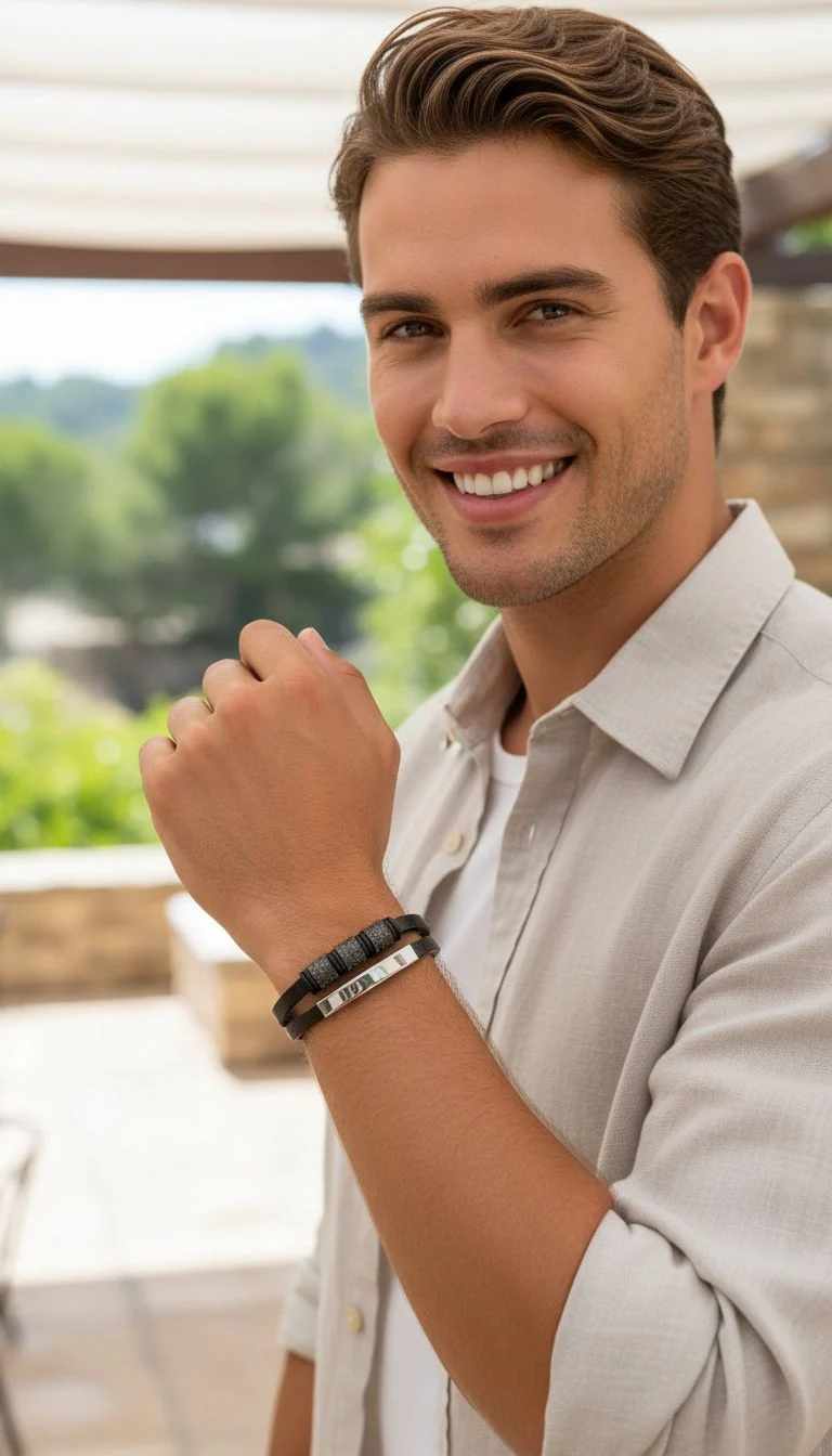 BRACELET EN CUIR NOIR DOUBLE RANG AVEC PLAQUETTE ET TRIPLE CYLINDRE - Image 2