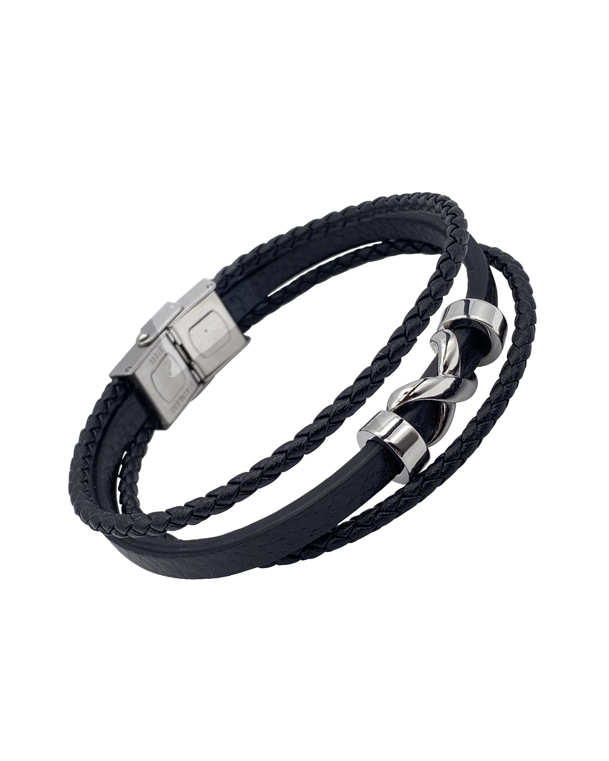 BRACELET EN CUIR NOIR 3 RANGS ET X EN ACIER