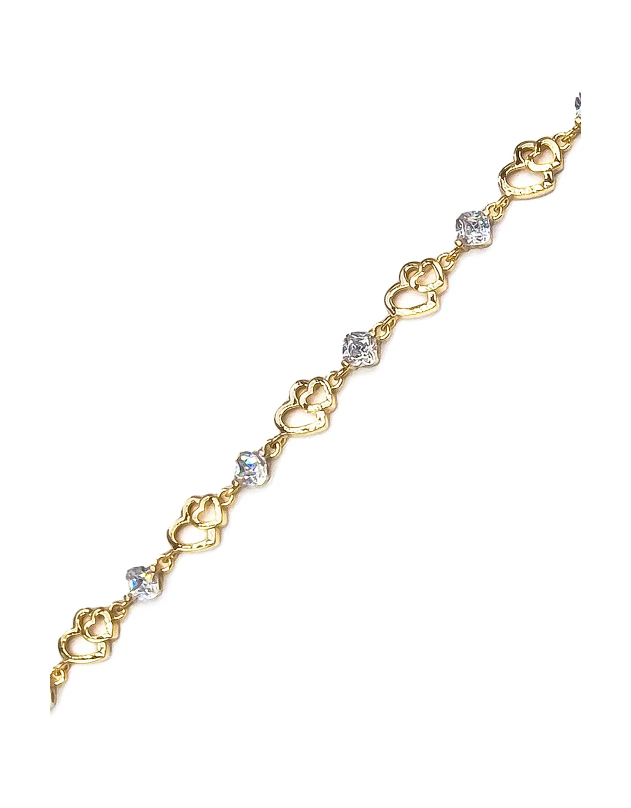 BRACELET EN PLAQUE OR DOUBLES COEURS ET PIERRES