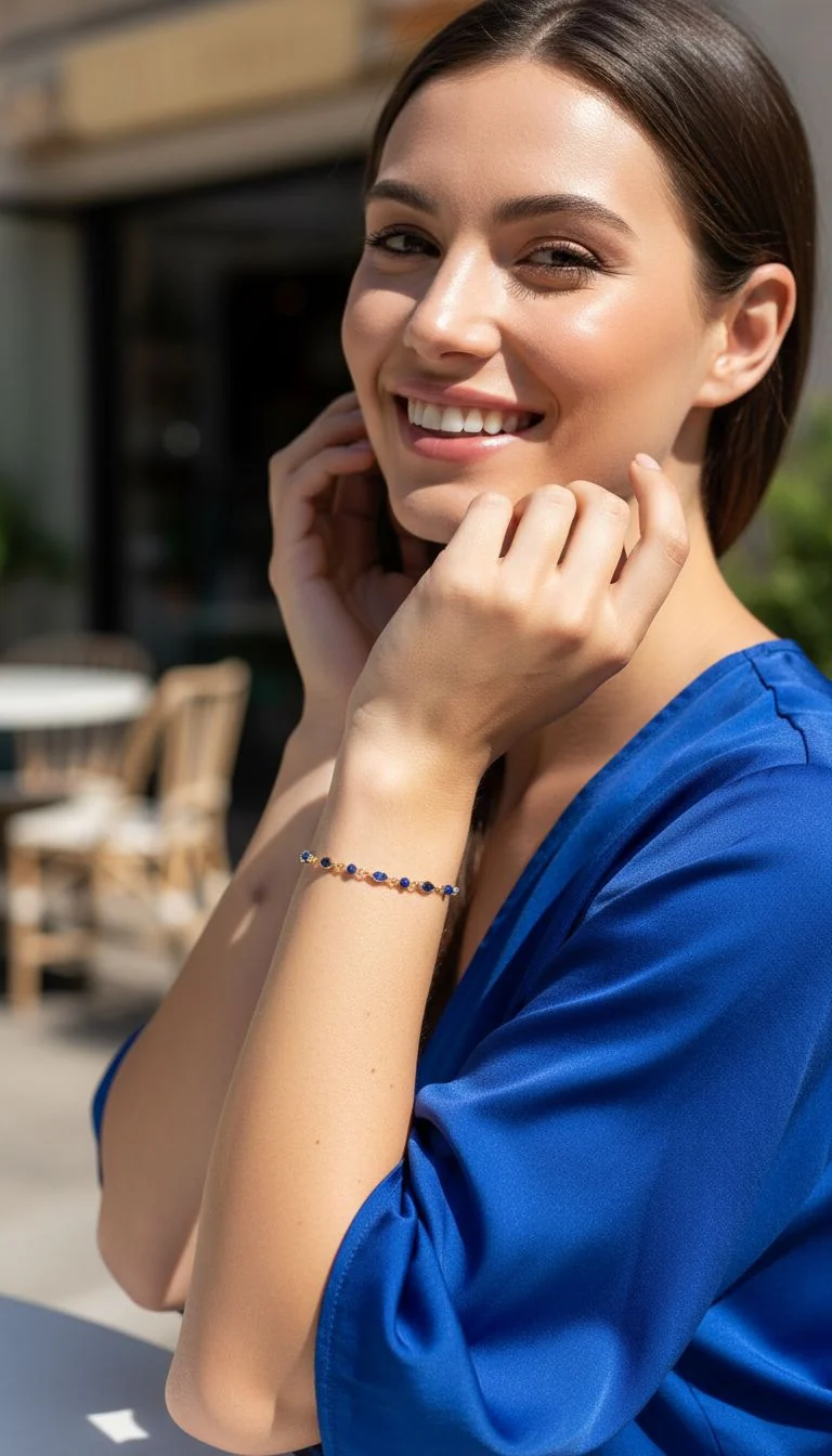 BRACELET EN PLAQUE OR PIERRES ET BILLES BLEUES - Image 2
