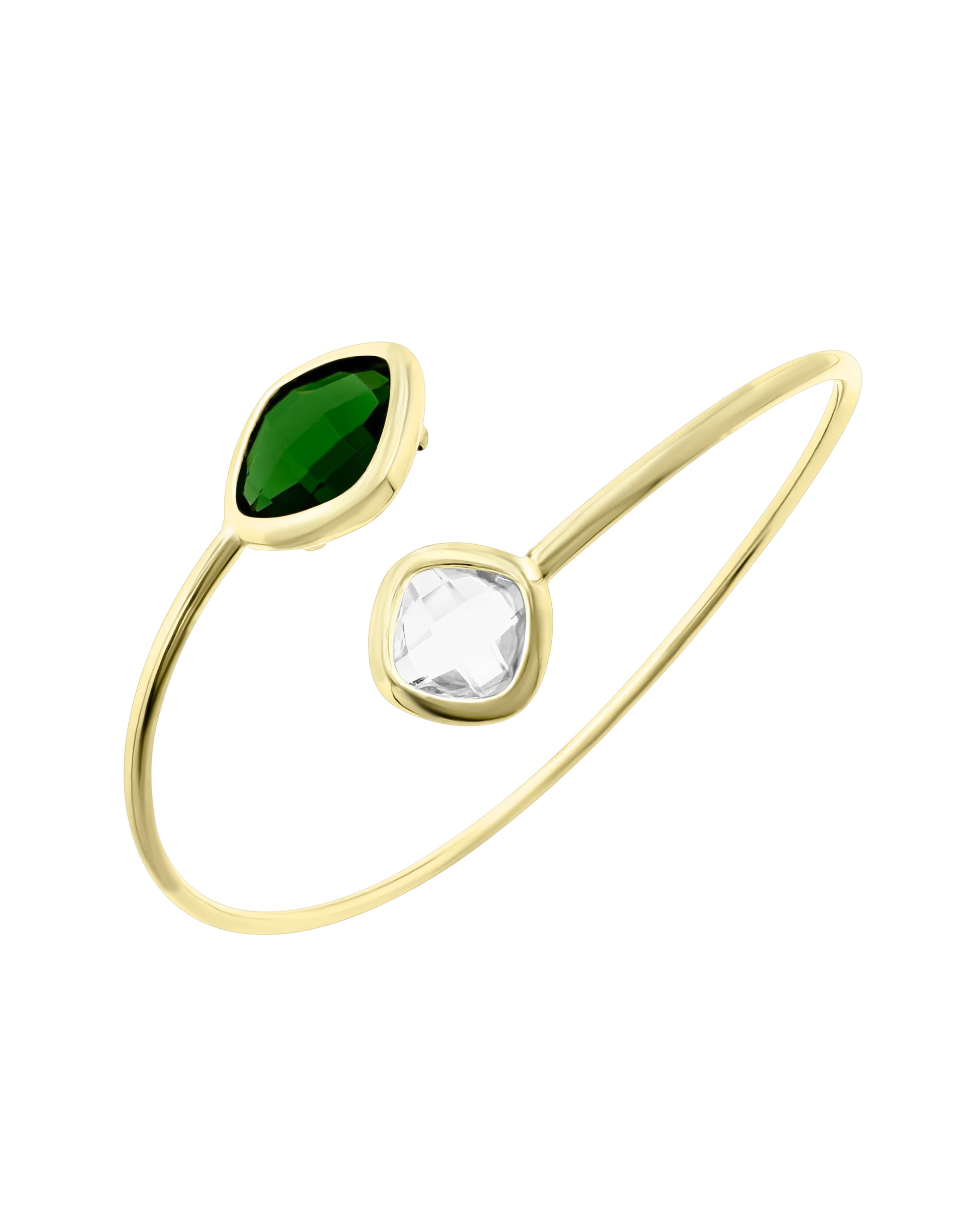 BRACELET RIGIDE EN ACIER DORE AVEC PIERRES EMERAUDE FACETTEES