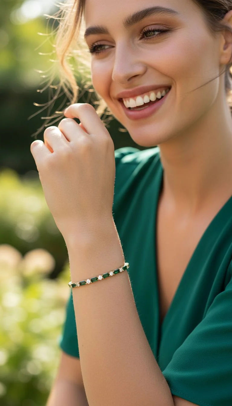 BRACELET RIVIERE EN ACIER DORE ZIRCONIUM EMERAUDE - Image 2