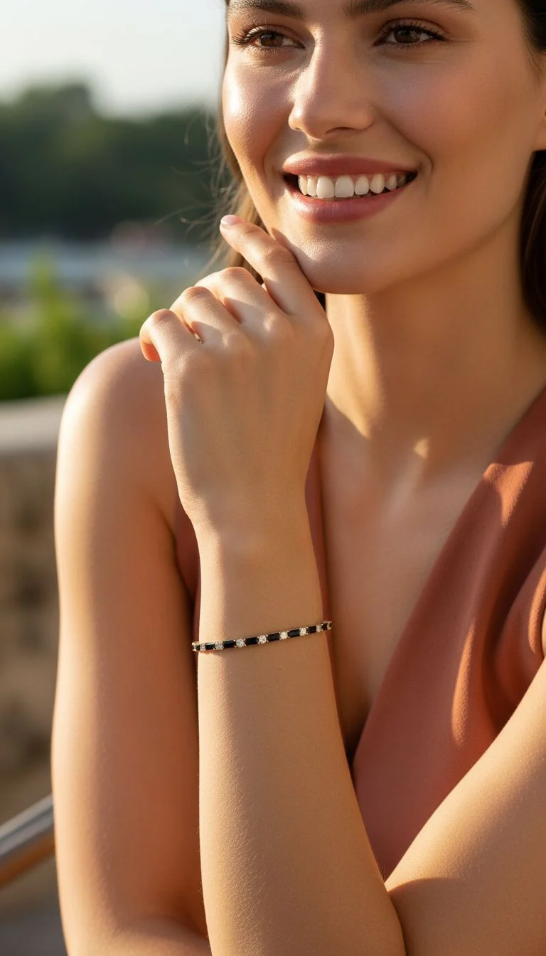 BRACELET RIVIERE EN ACIER DORE ZIRCONIUM ONYX ET BLANC - Image 2