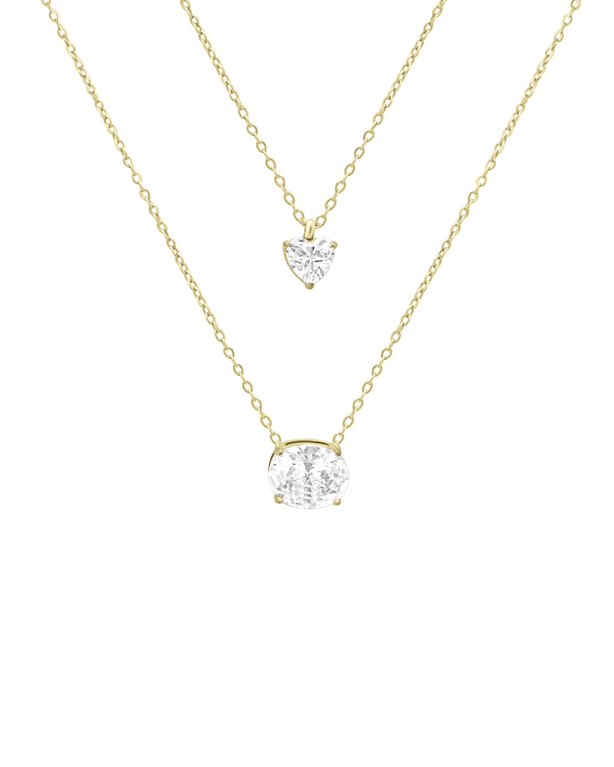 COLLIER DOUBLE EN ACIER DORE AVEC PIERRES COEUR ET OVALE