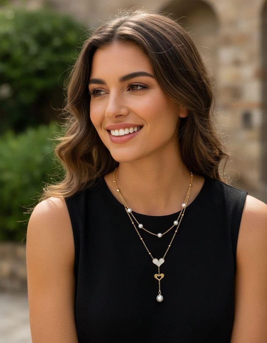 COLLIER DOUBLE EN ACIER DORE PERLES ET COEURS AVEC NACRE - Image 2