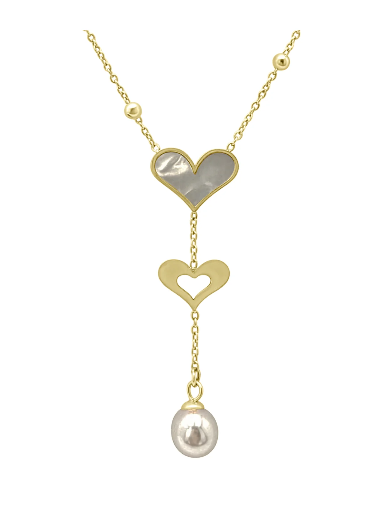 COLLIER DOUBLE EN ACIER DORE PERLES ET COEURS AVEC NACRE - Image 3