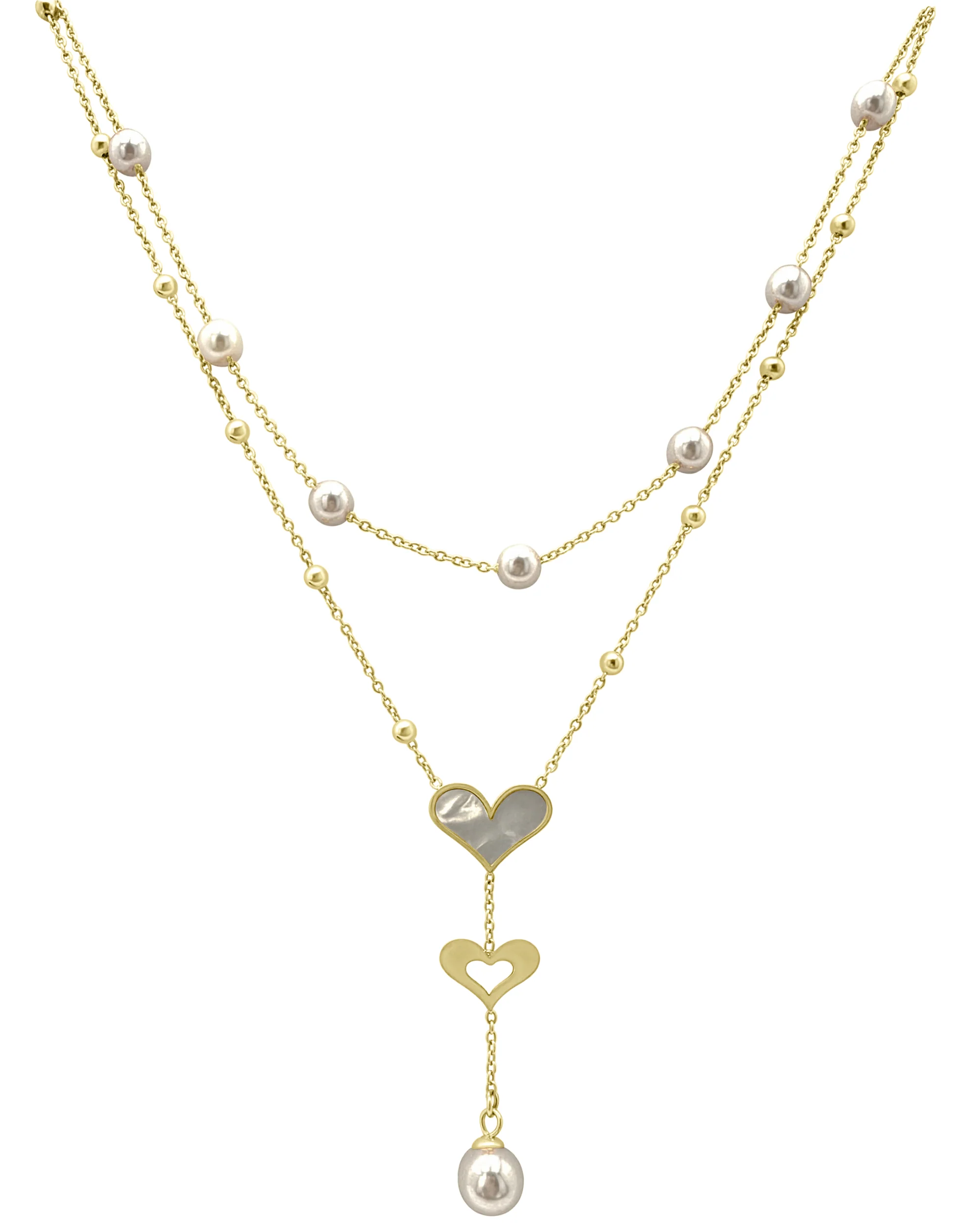 COLLIER DOUBLE EN ACIER DORE PERLES ET COEURS AVEC NACRE - Image 4