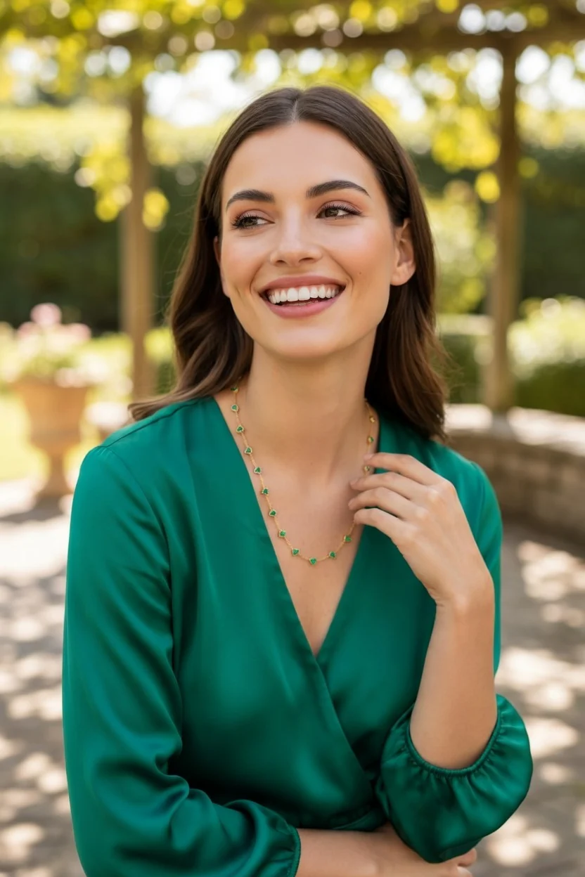 COLLIER EN ACIER DORE AVEC COEUR EMERAUDE - Image 2