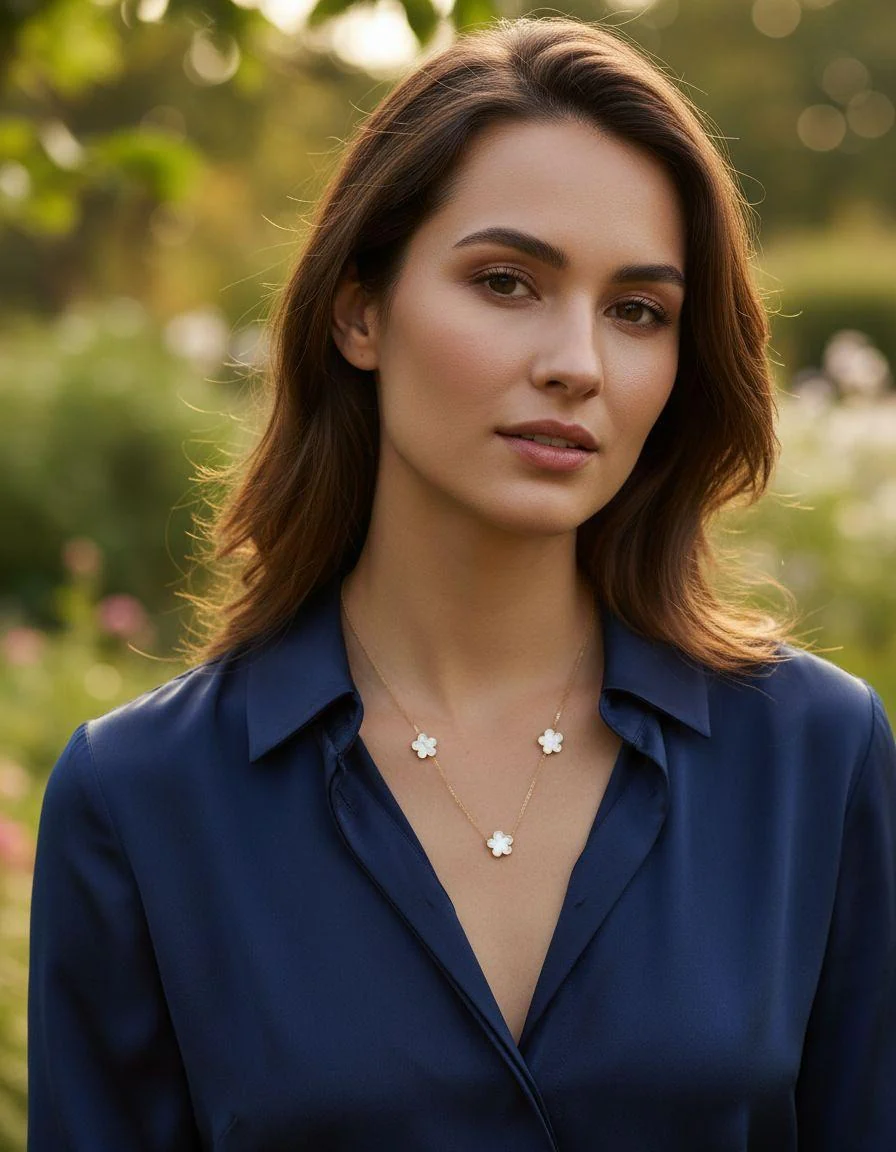COLLIER EN ACIER DORÉ AVEC FLEUR NACRE BLANC - Image 2