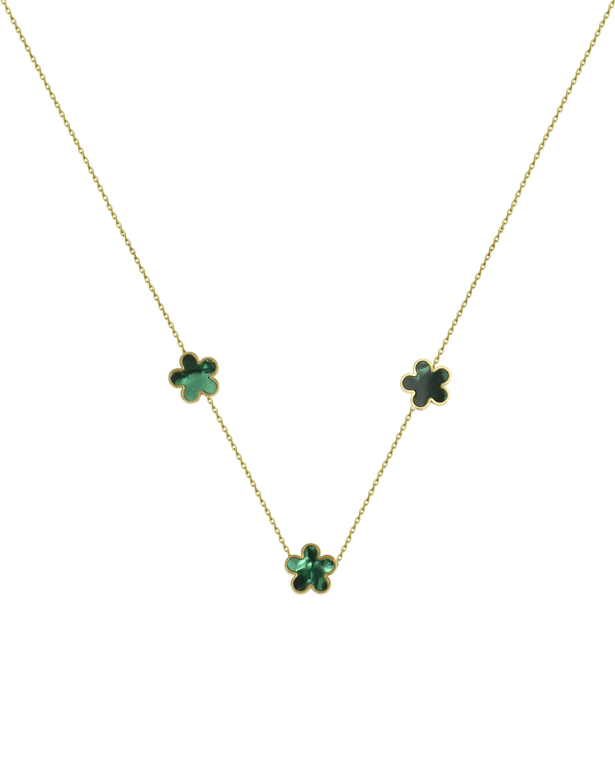 COLLIER EN ACIER DORÉ AVEC FLEUR NACRE COULEUR ÉMERAUDE