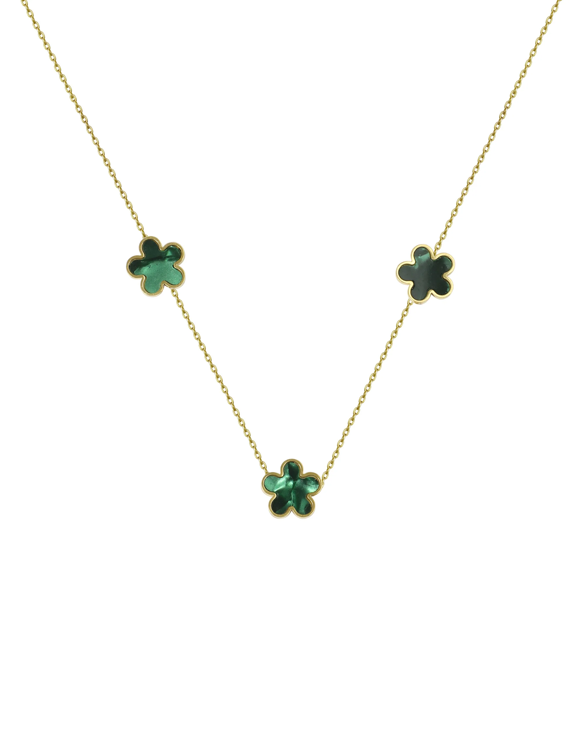 COLLIER EN ACIER DORÉ AVEC FLEUR NACRE COULEUR ÉMERAUDE - Image 3