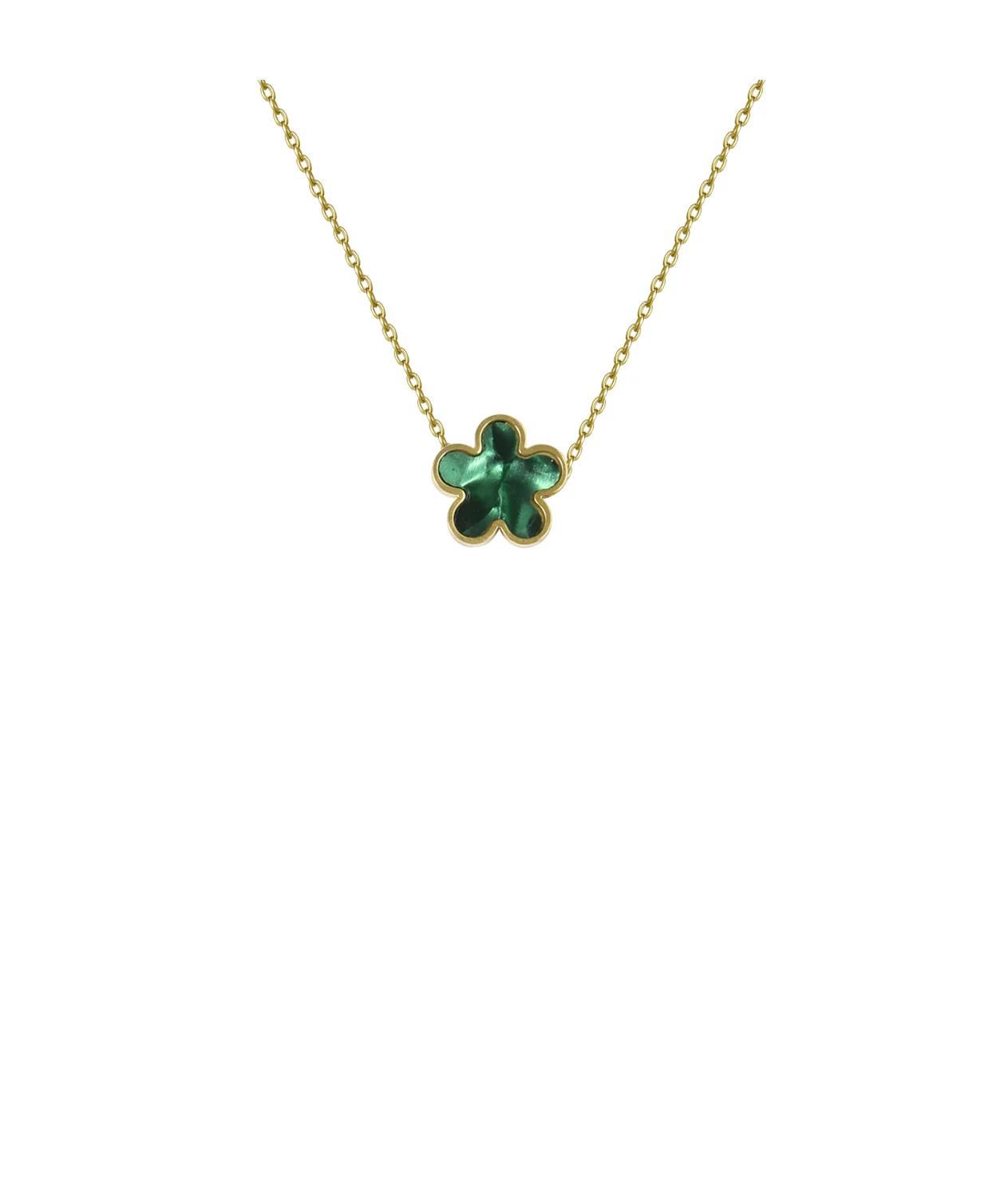 COLLIER EN ACIER DORÉ AVEC FLEUR NACRE COULEUR ÉMERAUDE - Image 4