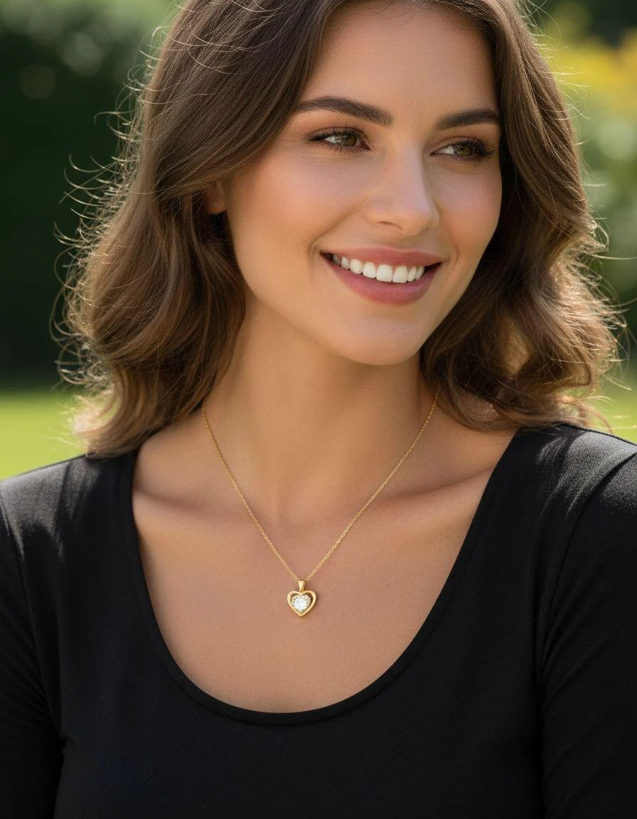 COLLIER EN ACIER DORE AVEC PENDENTIF COEUR ET ZIRCONIUM - Image 2