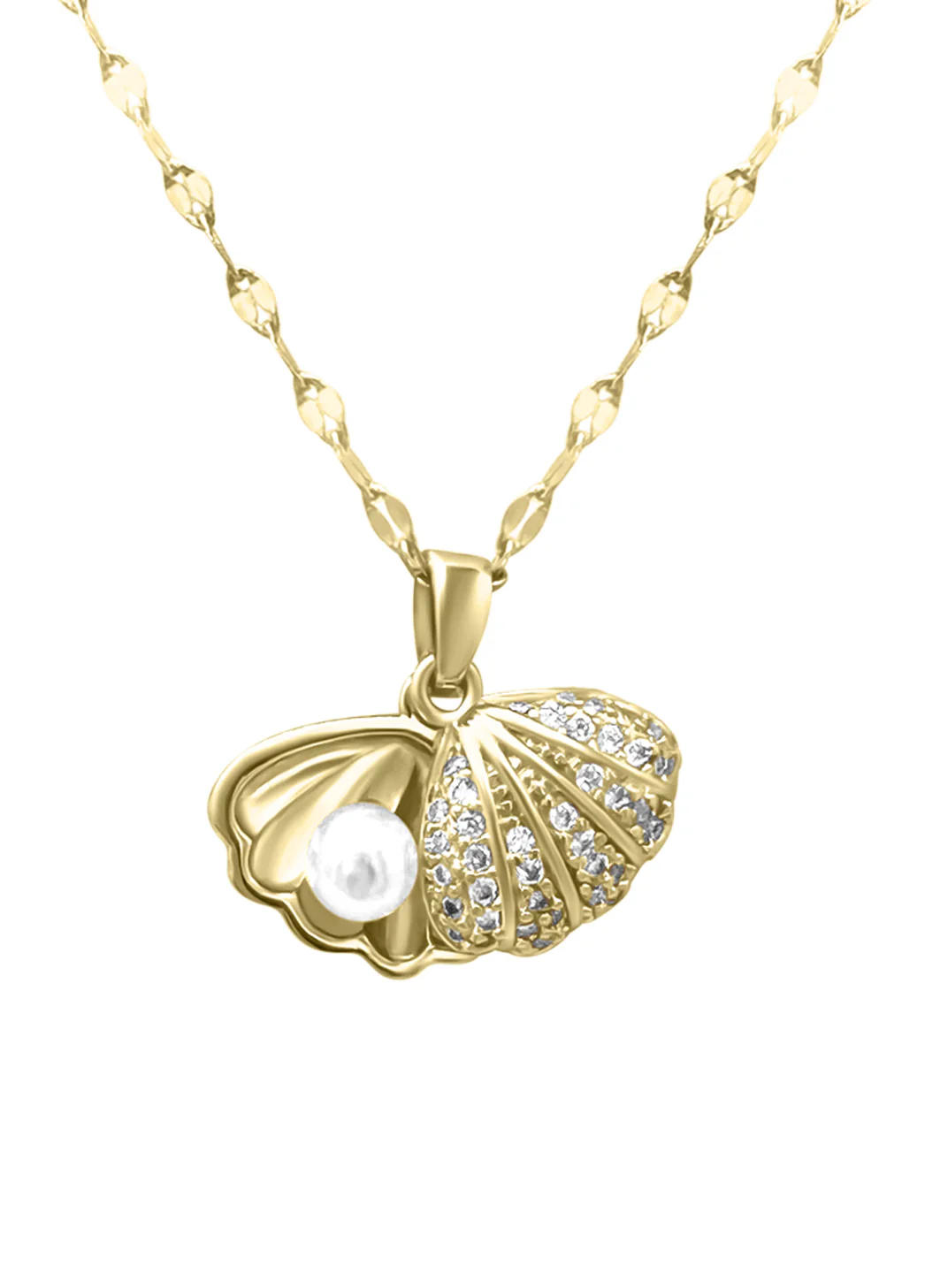 COLLIER EN ACIER DORE AVEC PENDENTIF COQUILLAGE OUVERT ET PERLE - Image 4