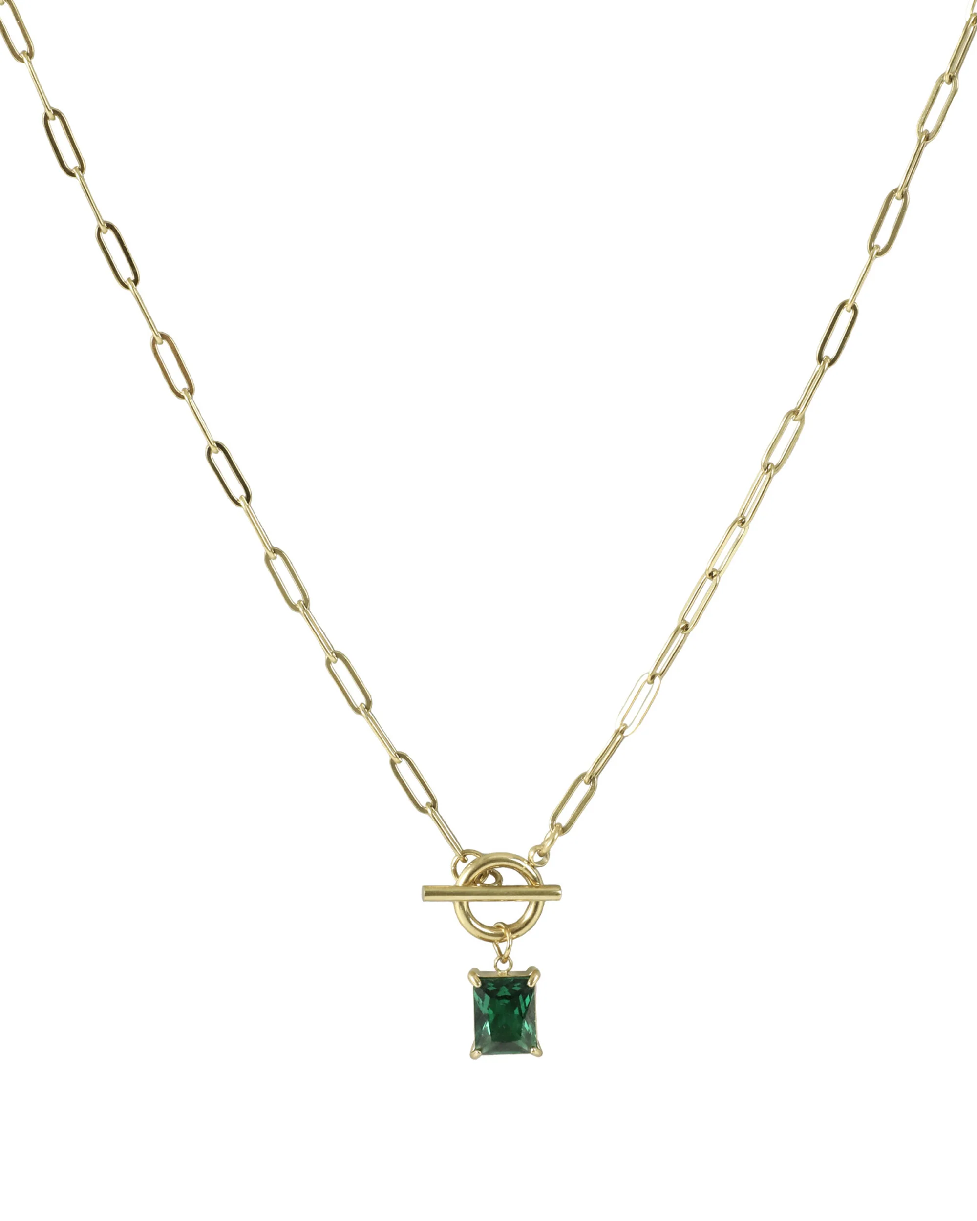 COLLIER EN ACIER DORE AVEC PENDENTIF RECTANGLE EMERAUDE ET FERMOIR BARRE - Image 3