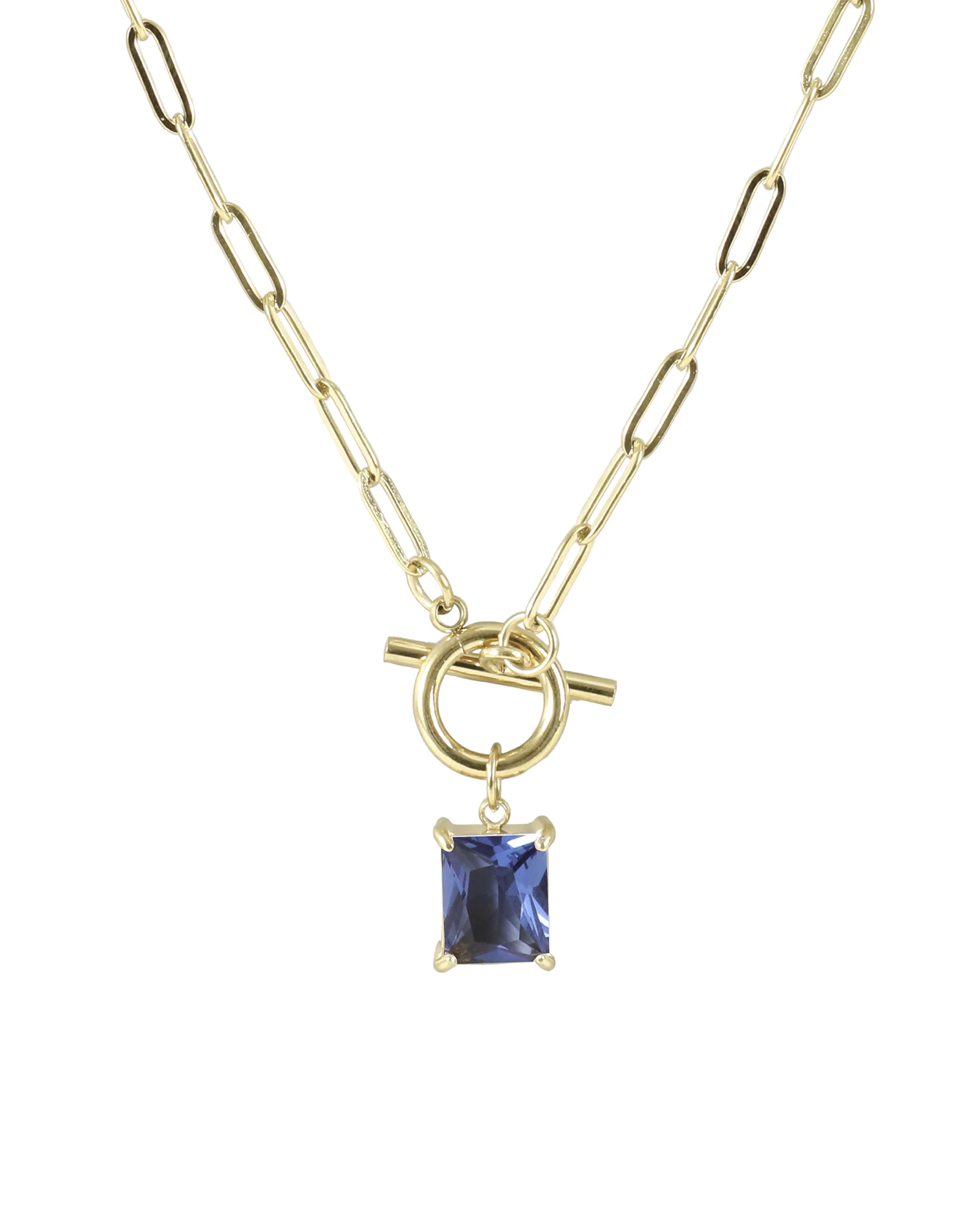 COLLIER EN ACIER DORE AVEC PENDENTIF RECTANGLE LIGHT SAPHIR
