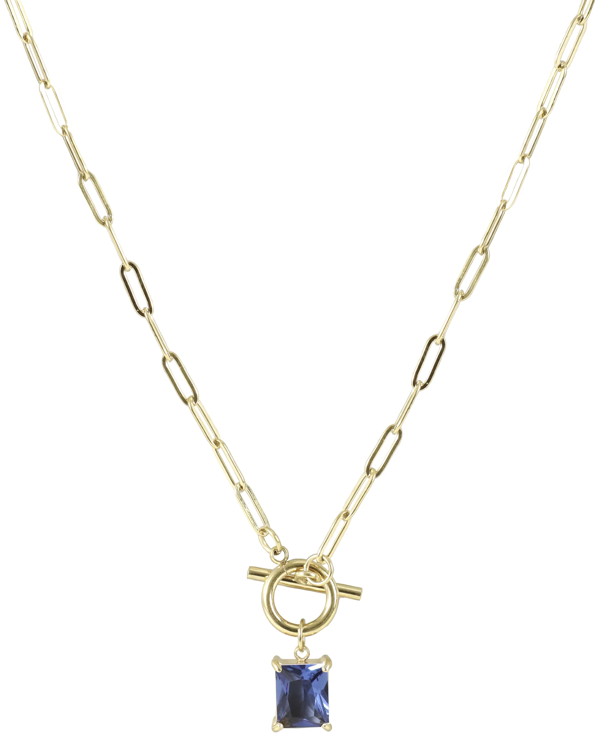 COLLIER EN ACIER DORE AVEC PENDENTIF RECTANGLE LIGHT SAPHIR - Image 3