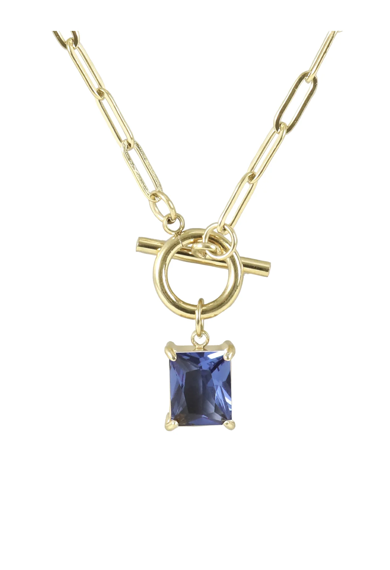 COLLIER EN ACIER DORE AVEC PENDENTIF RECTANGLE LIGHT SAPHIR - Image 4