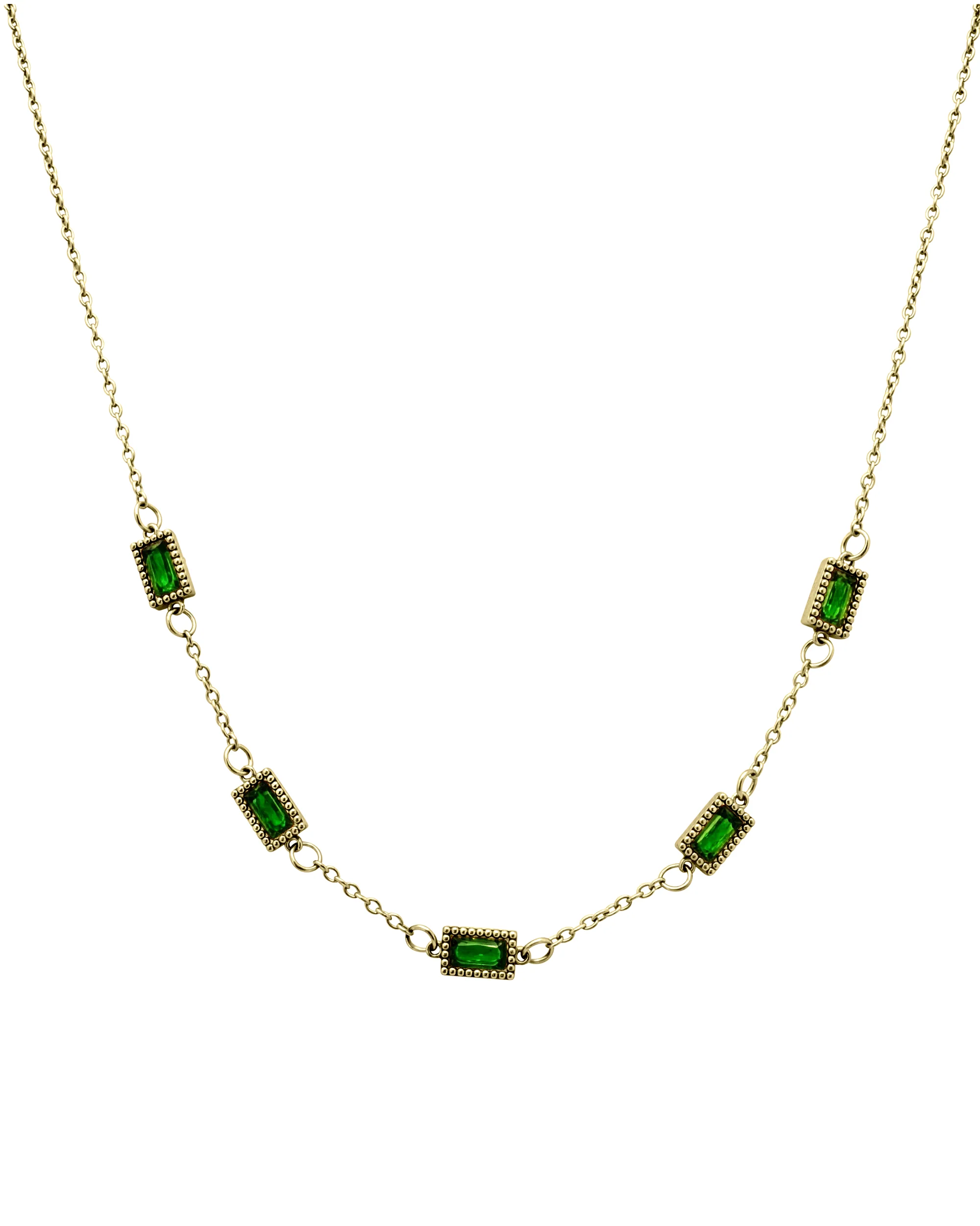 COLLIER EN ACIER DORE AVEC PIERRES EMERAUDE