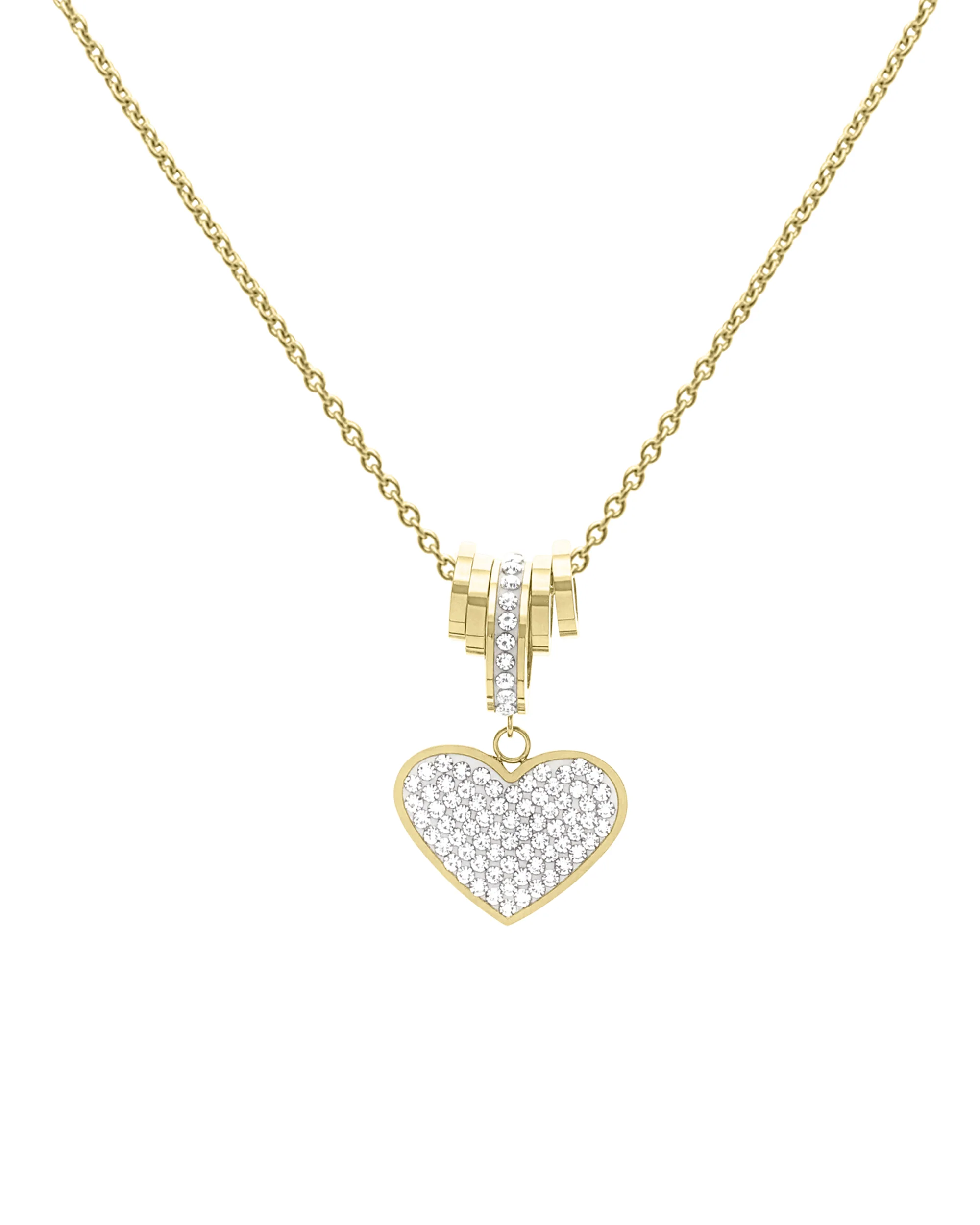 COLLIER EN ACIER DORE CERCLE ET COEUR AVEC STRASS