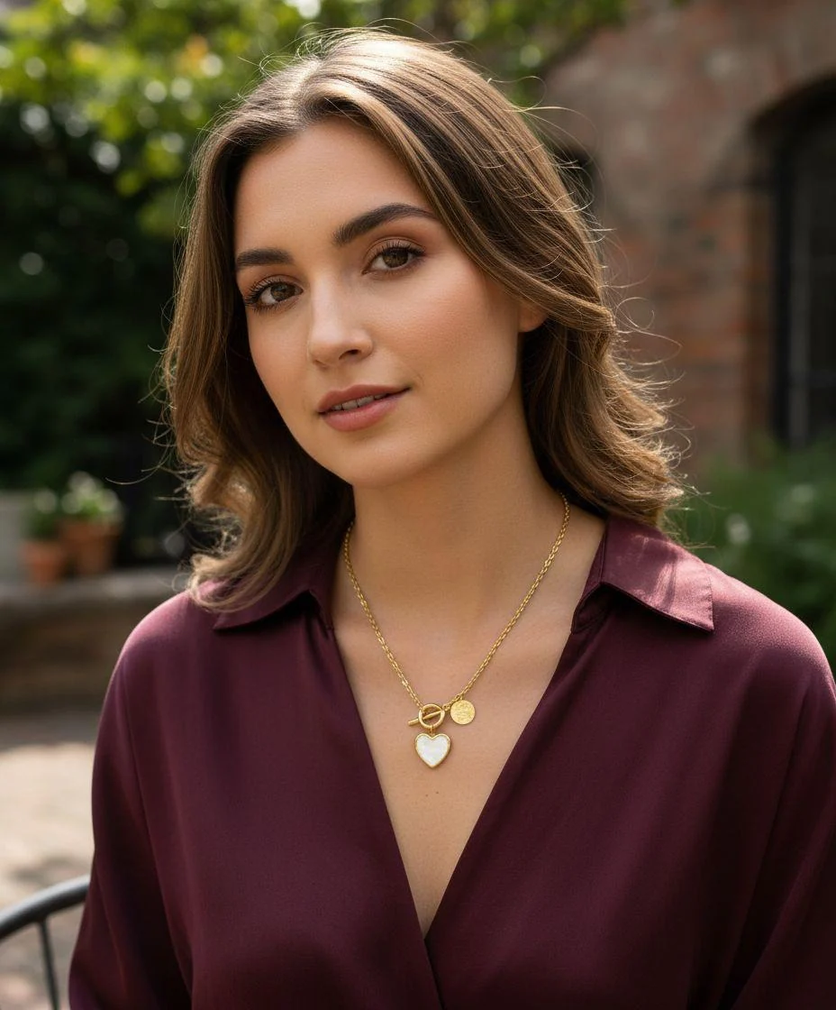 COLLIER EN ACIER DORE COEUR NACRE ET FERMOIR BARRE - Image 2