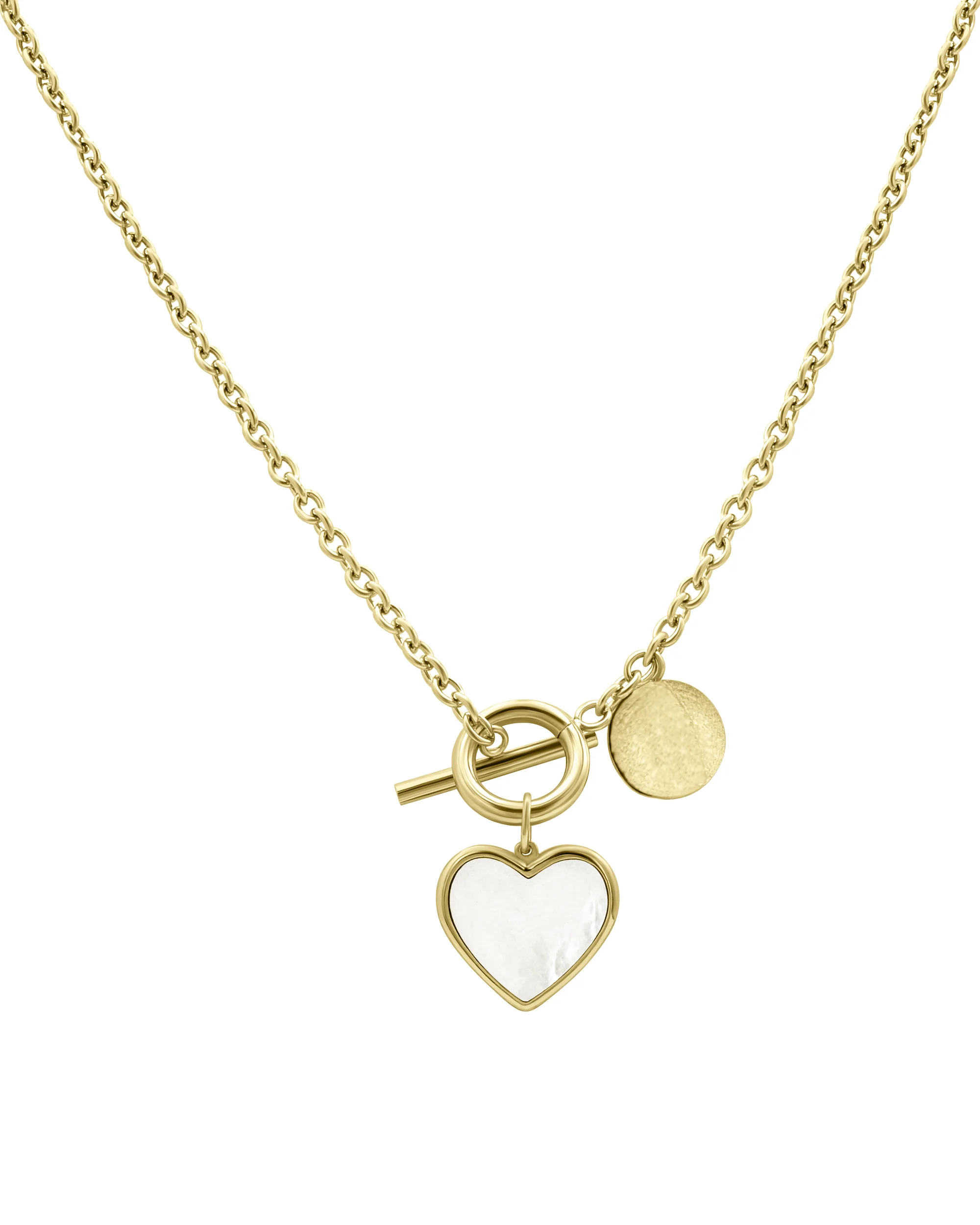 COLLIER EN ACIER DORE COEUR NACRE ET FERMOIR BARRE - Image 3