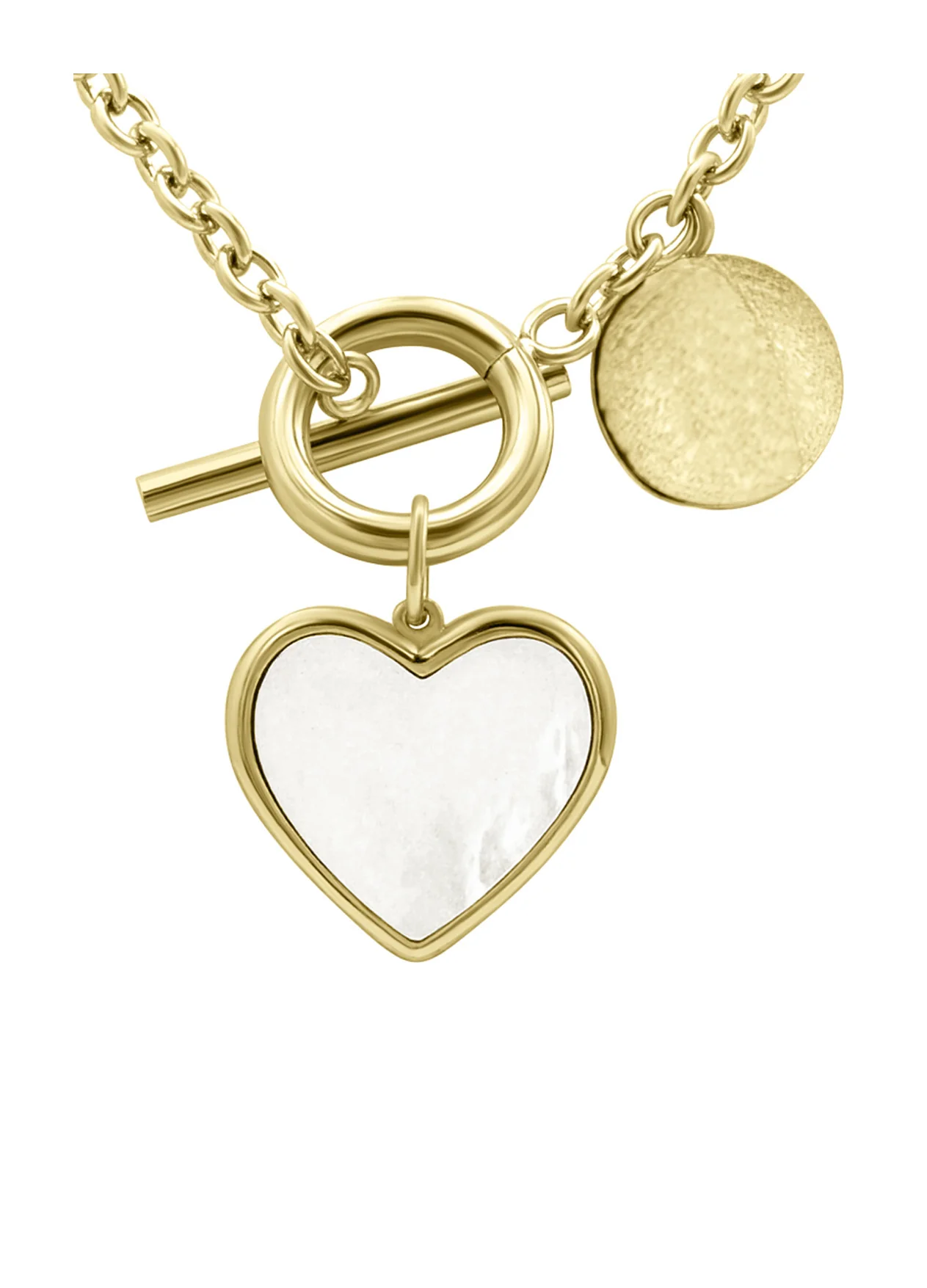 COLLIER EN ACIER DORE COEUR NACRE ET FERMOIR BARRE - Image 4