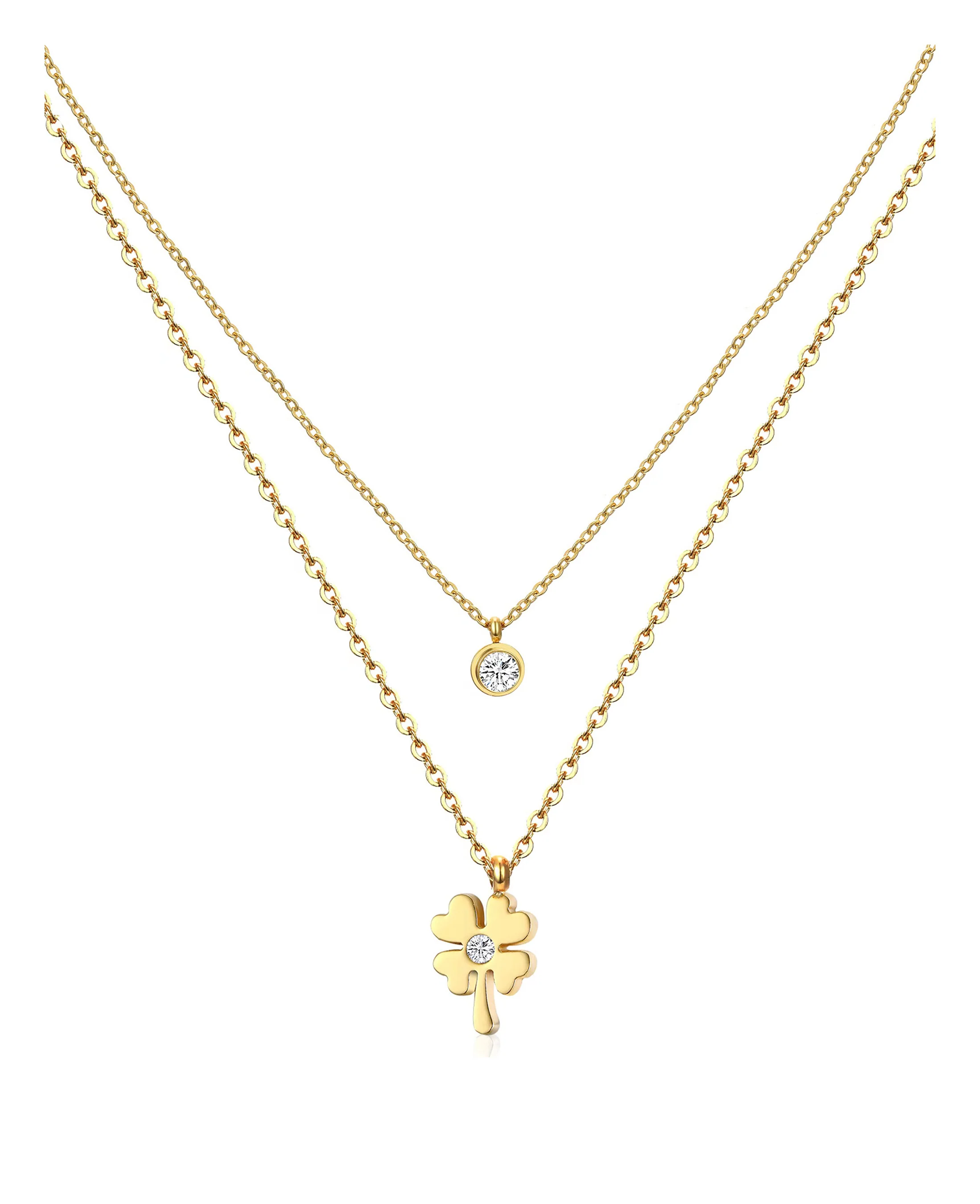 COLLIER EN ACIER DORE DOUBLE AVEC TREFLE ET SOLITAIRE