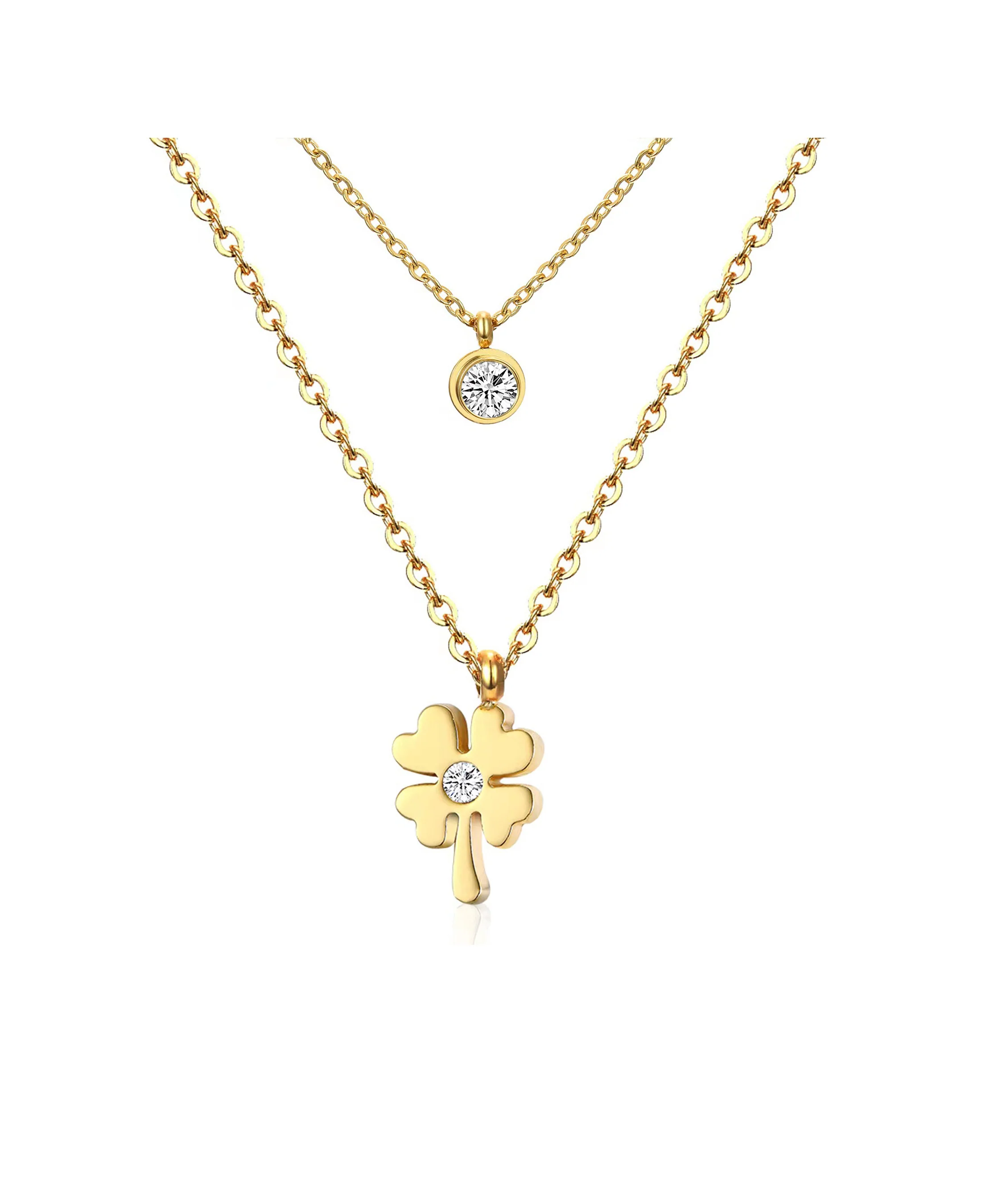 COLLIER EN ACIER DORE DOUBLE AVEC TREFLE ET SOLITAIRE - Image 3