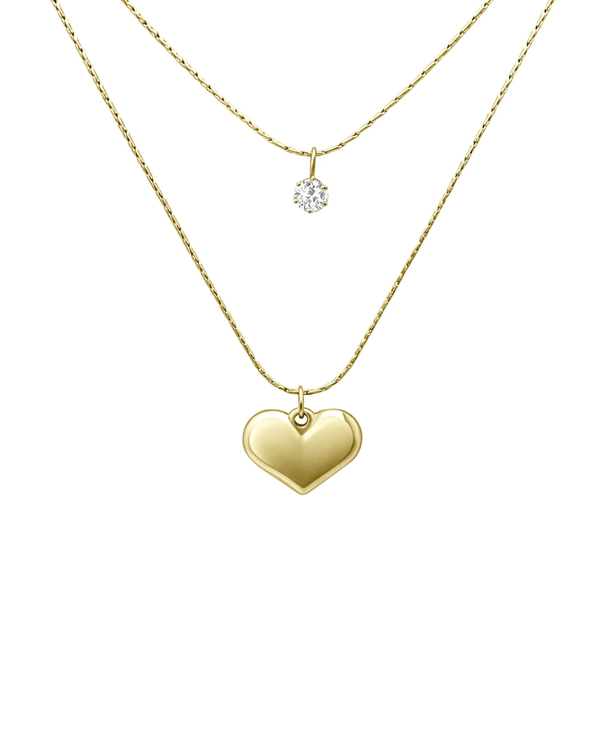 COLLIER EN ACIER DORE DOUBLE CHAINE AVEC COEUR ET SOLITAIRE