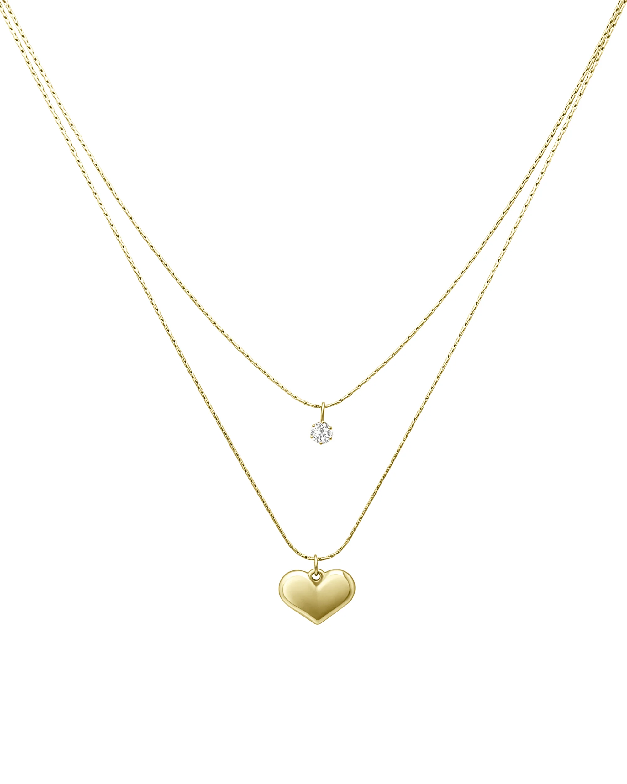 COLLIER EN ACIER DORE DOUBLE CHAINE AVEC COEUR ET SOLITAIRE - Image 3