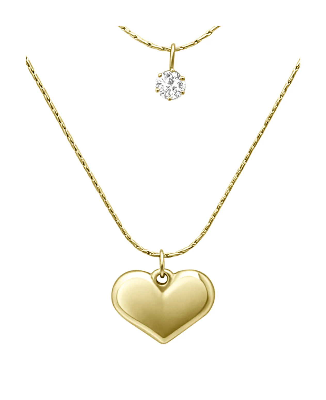COLLIER EN ACIER DORE DOUBLE CHAINE AVEC COEUR ET SOLITAIRE - Image 4