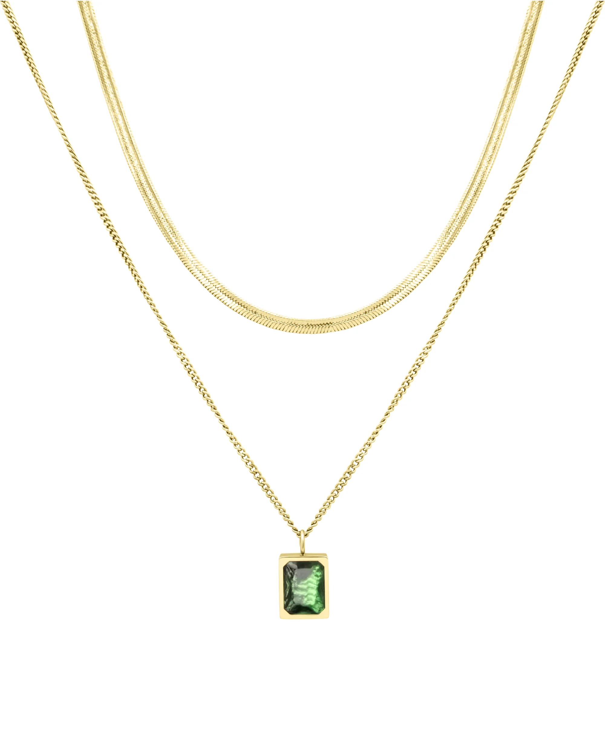 COLLIER EN ACIER DORE DOUBLE CHAINE AVEC PENDENTIF SOLITAIRE EMERAUDE