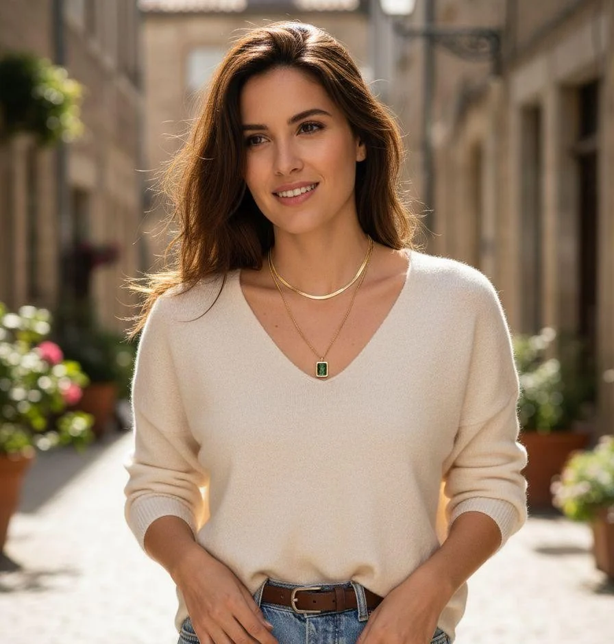COLLIER EN ACIER DORE DOUBLE CHAINE AVEC PENDENTIF SOLITAIRE EMERAUDE - Image 2