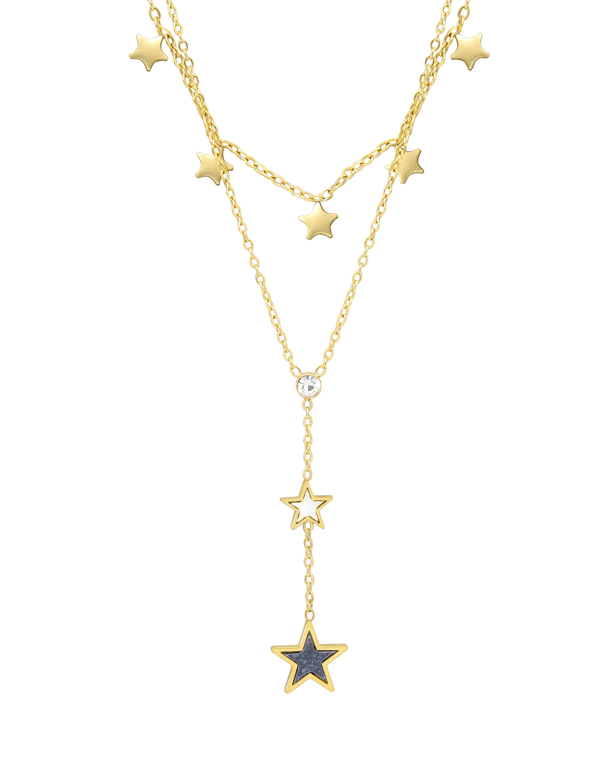 COLLIER EN ACIER DORE DOUBLE MAILLE AVEC ETOILES