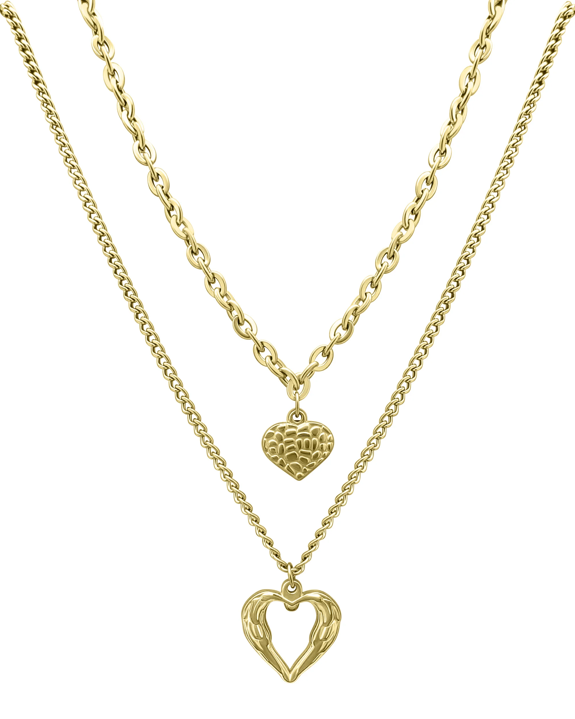COLLIER EN ACIER DORE DOUBLE MAILLE AVEC PENDENTIF CŒURS - Image 3