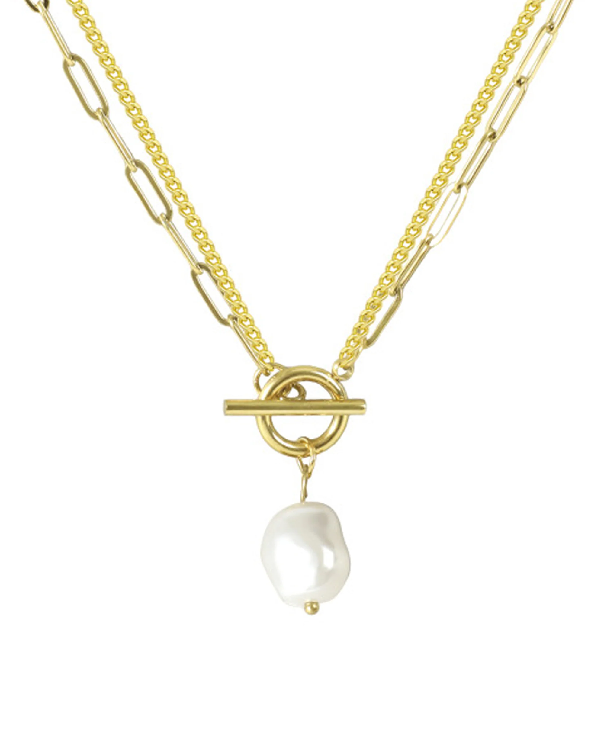 COLLIER EN ACIER DORE DOUBLE MAILLE AVEC PERLE BAROQUE