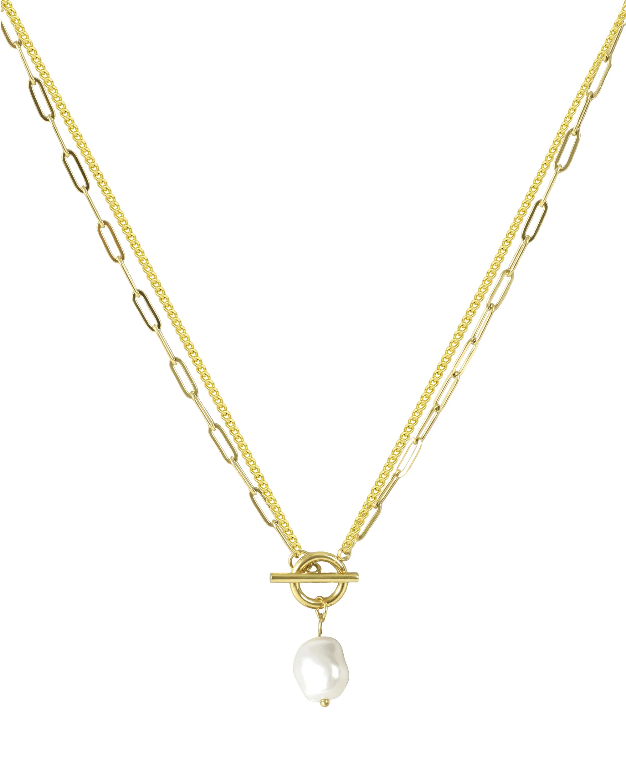 COLLIER EN ACIER DORE DOUBLE MAILLE AVEC PERLE BAROQUE - Image 3