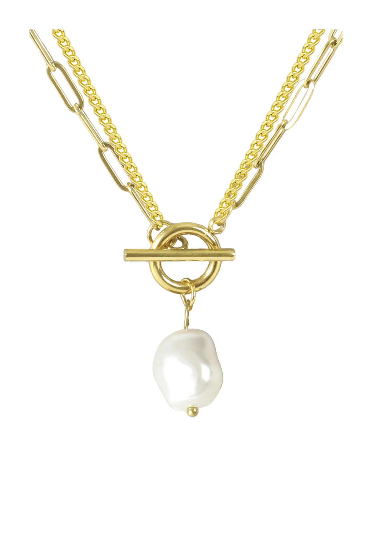 COLLIER EN ACIER DORE DOUBLE MAILLE AVEC PERLE BAROQUE - Image 4