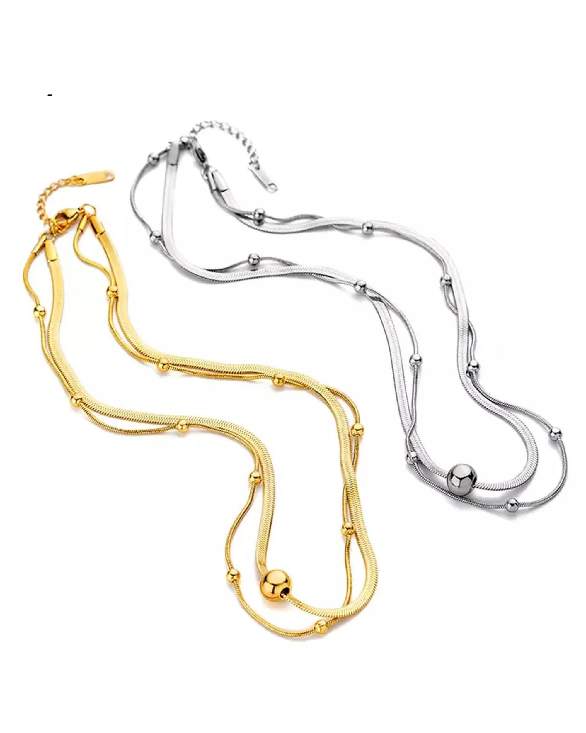 COLLIER EN ACIER DORE DOUBLE MAILLE ET BOULES - Image 2