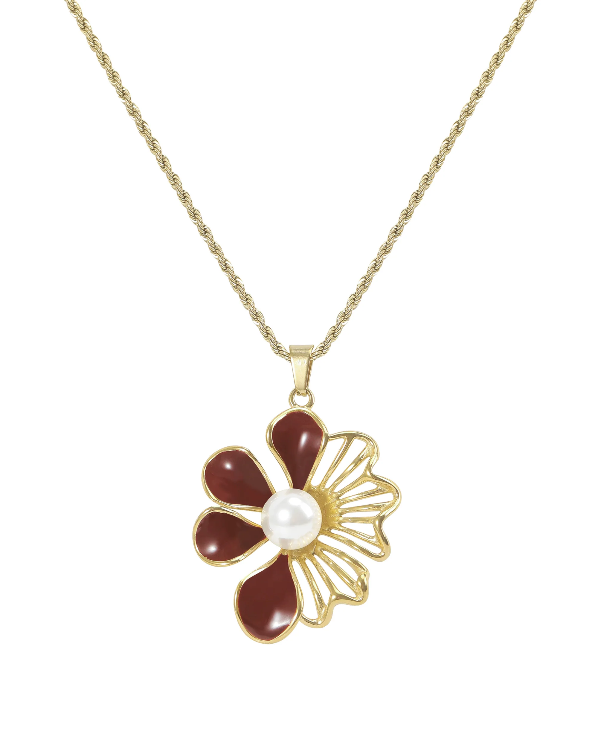 COLLIER EN ACIER DORE FLEUR AJOUREE AVEC PERLE CENTRALE