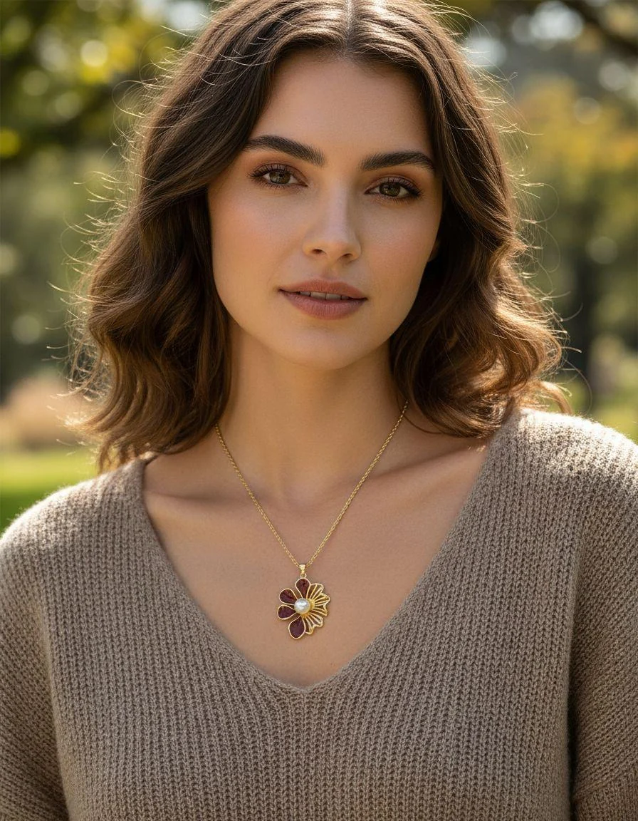 COLLIER EN ACIER DORE FLEUR AJOUREE AVEC PERLE CENTRALE - Image 2