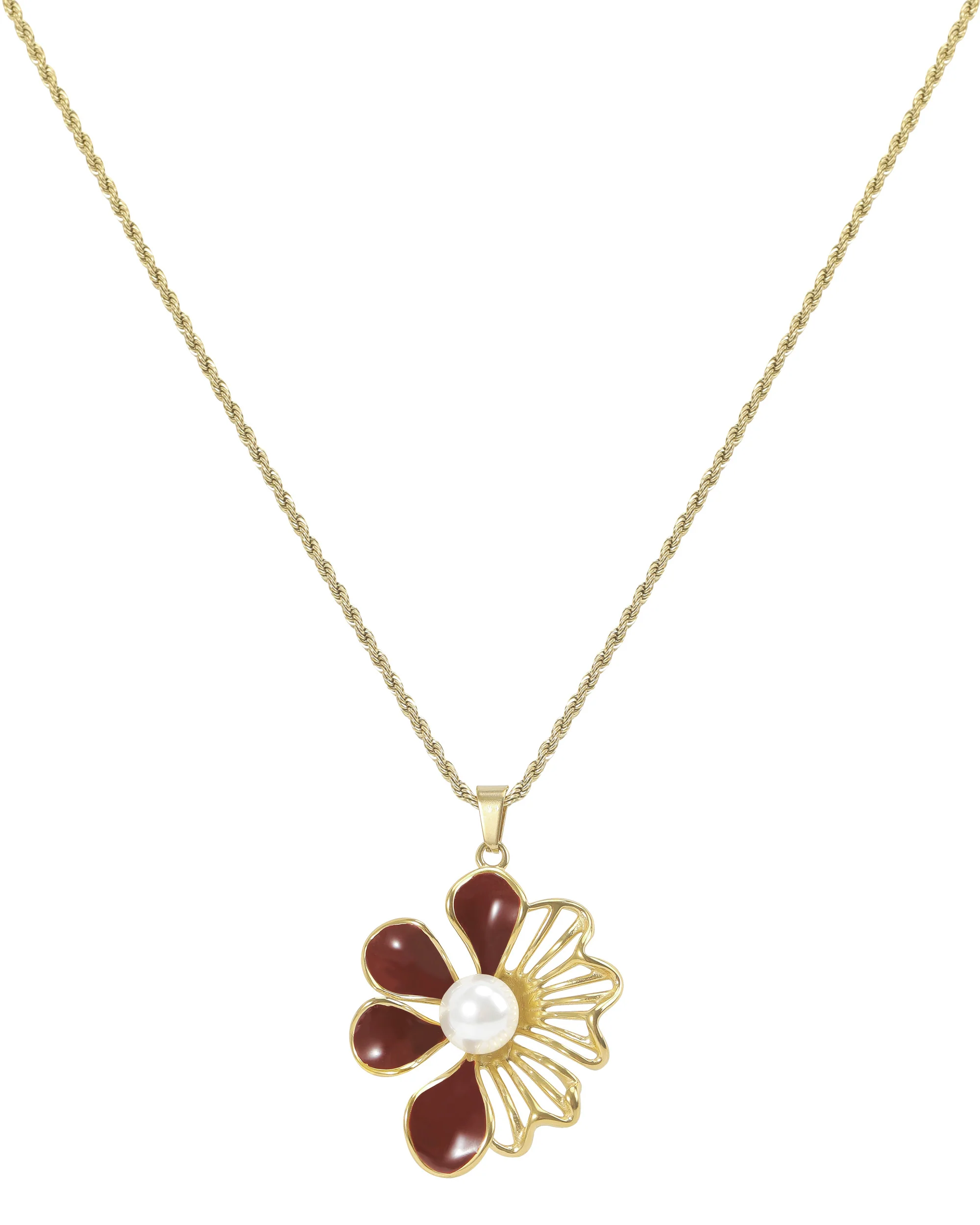 COLLIER EN ACIER DORE FLEUR AJOUREE AVEC PERLE CENTRALE - Image 3