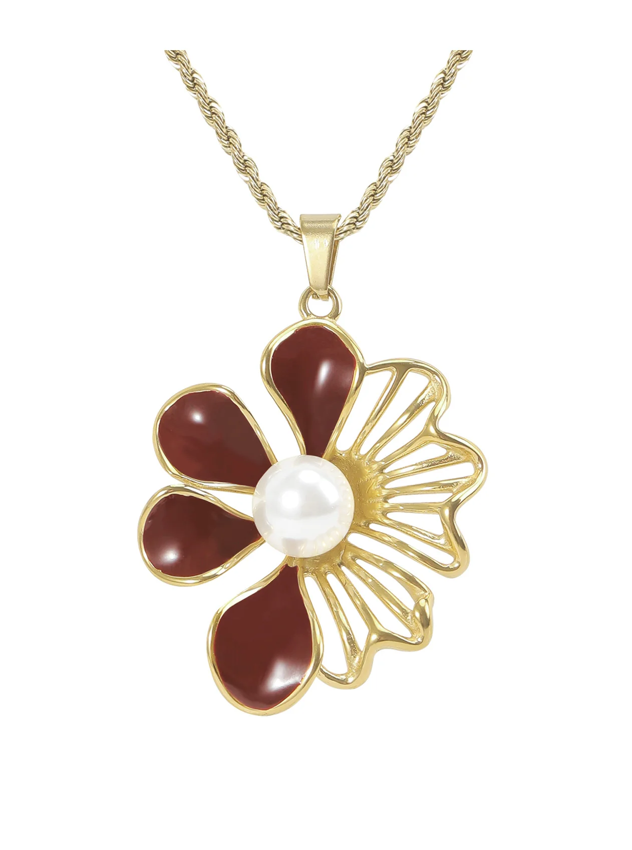 COLLIER EN ACIER DORE FLEUR AJOUREE AVEC PERLE CENTRALE - Image 4