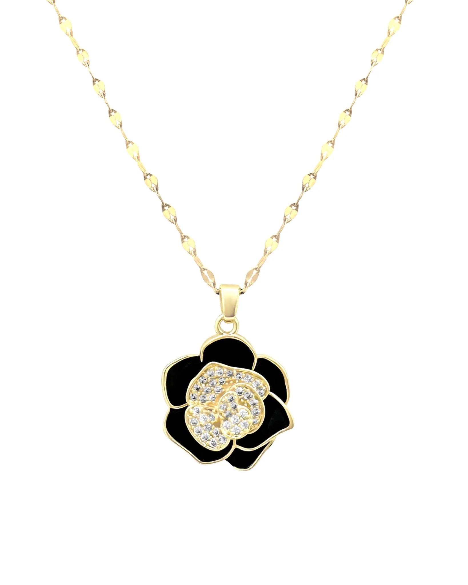 COLLIER EN ACIER DORE FLEUR NOIRE AVEC STRASS
