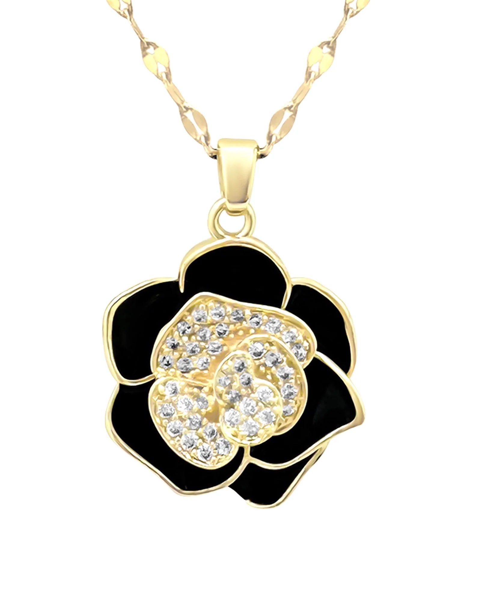 COLLIER EN ACIER DORE FLEUR NOIRE AVEC STRASS - Image 4