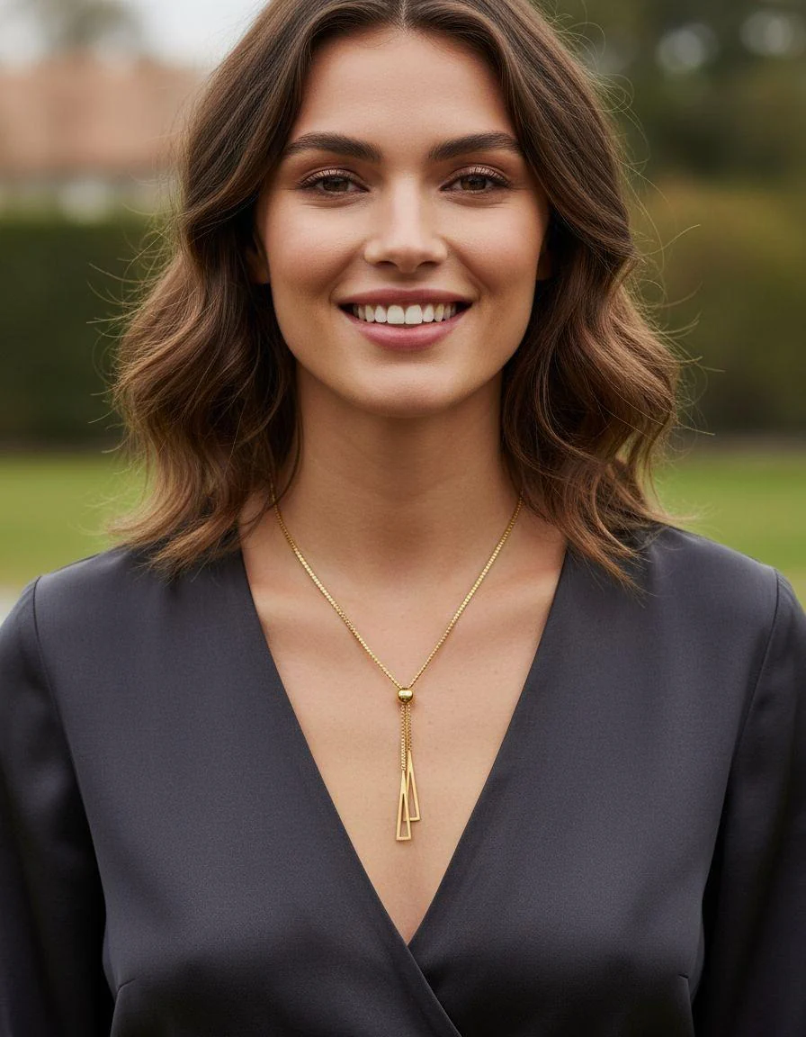 COLLIER EN ACIER DORE MAILLE GOURMETTE 2 TRIANGLES ET BOULE - Image 2