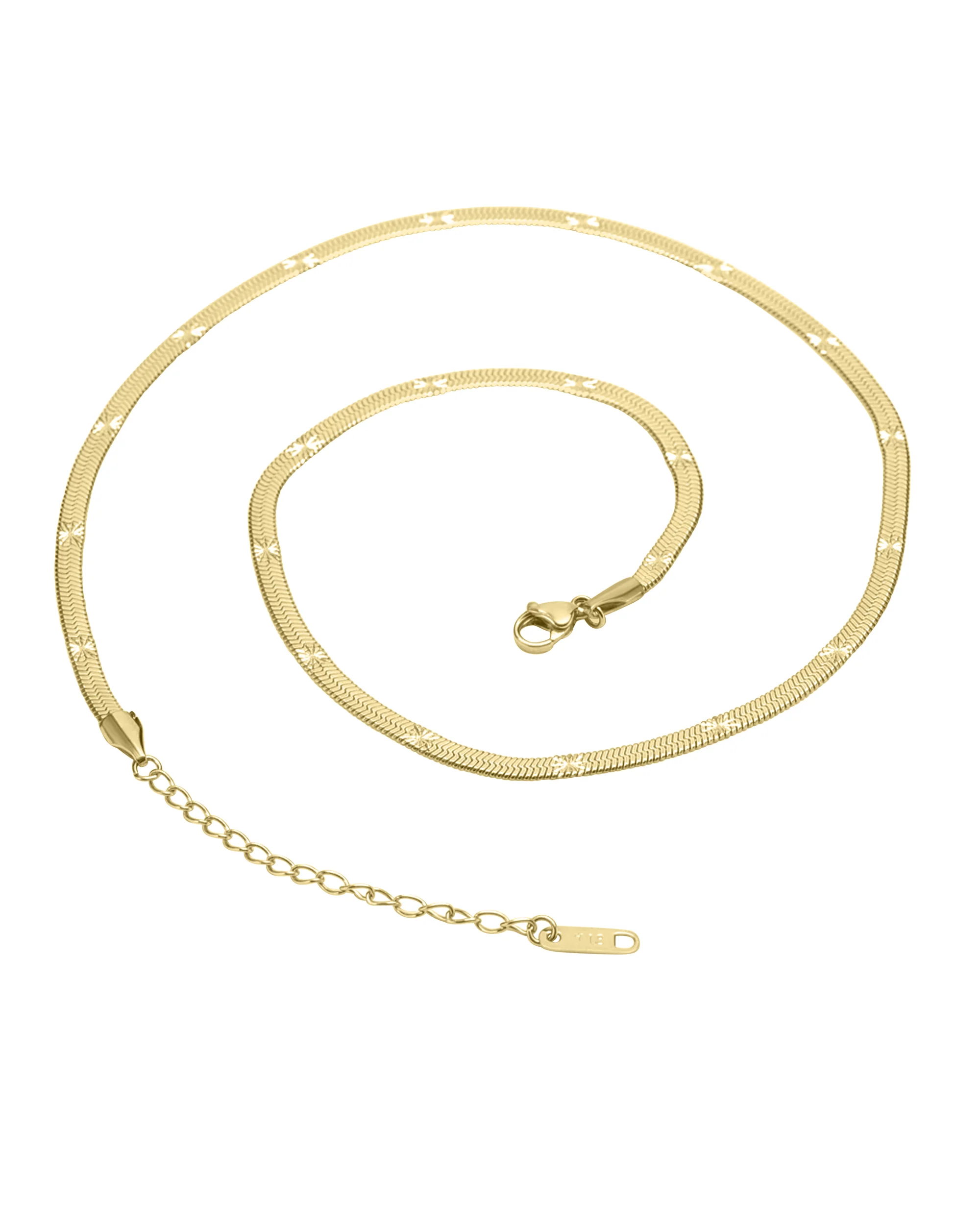 COLLIER EN ACIER DORE MAILLE PLATE ET MOTIF FLEUR