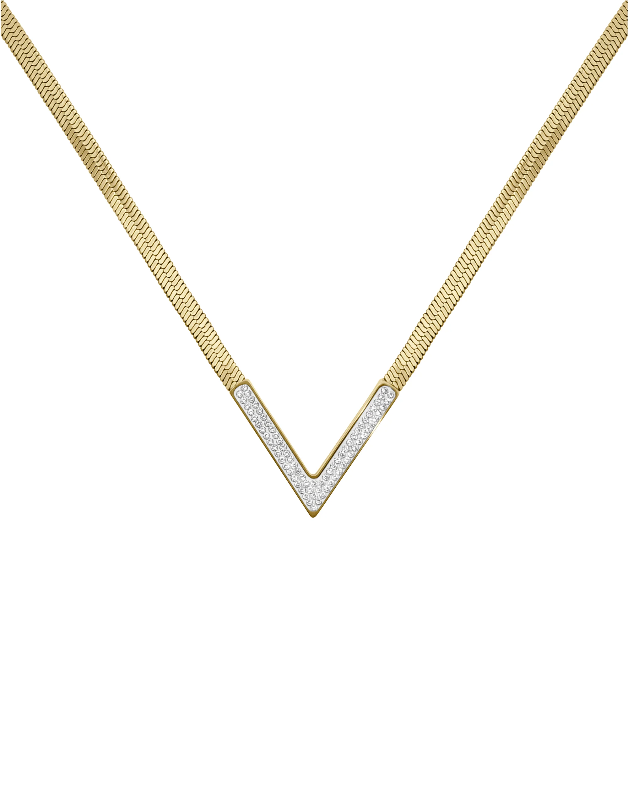 COLLIER EN ACIER DORE MAILLE PLATE MOTIF EN V AVEC STRASS