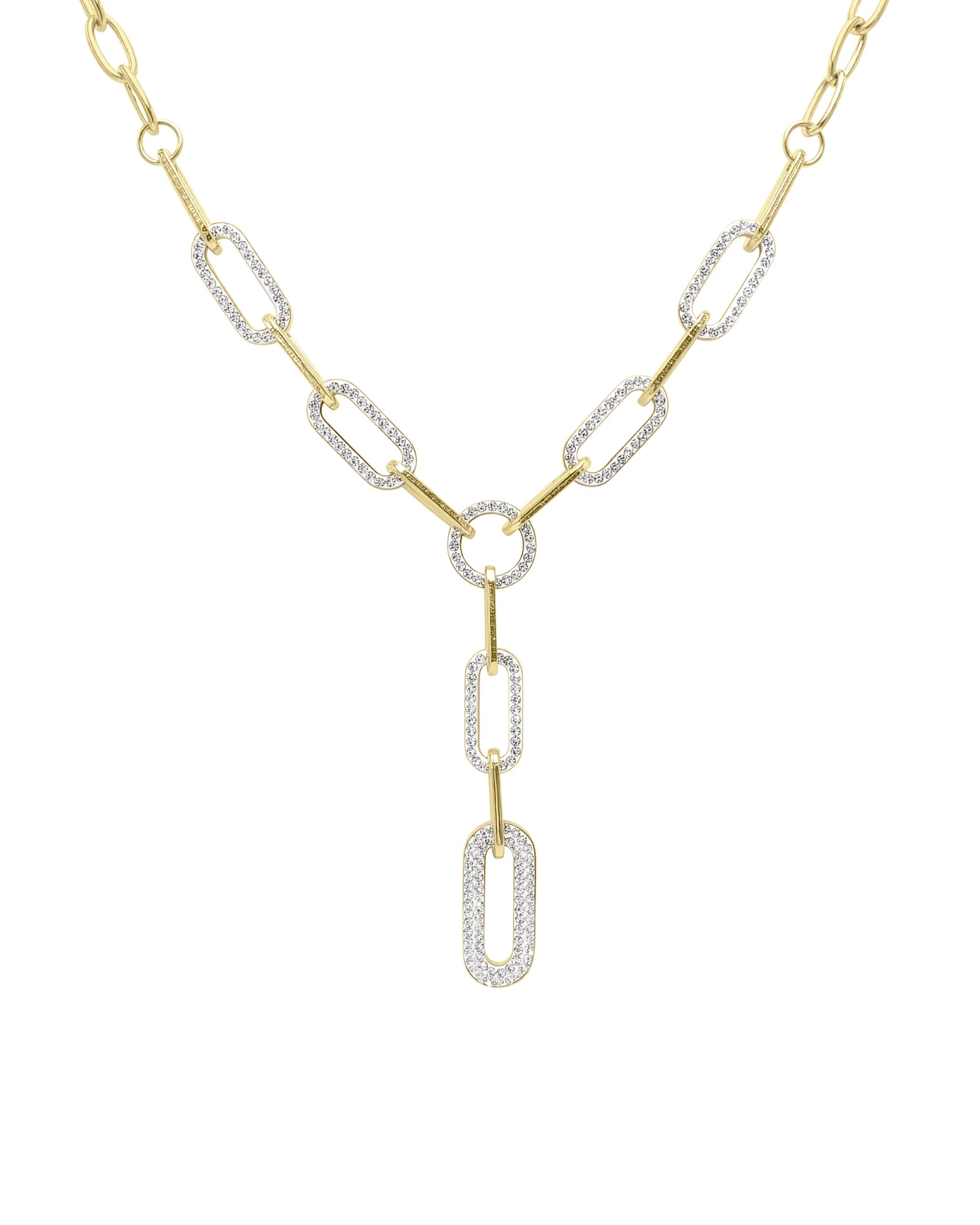 COLLIER EN ACIER DORE MAILLES OVALES AVEC STRASS